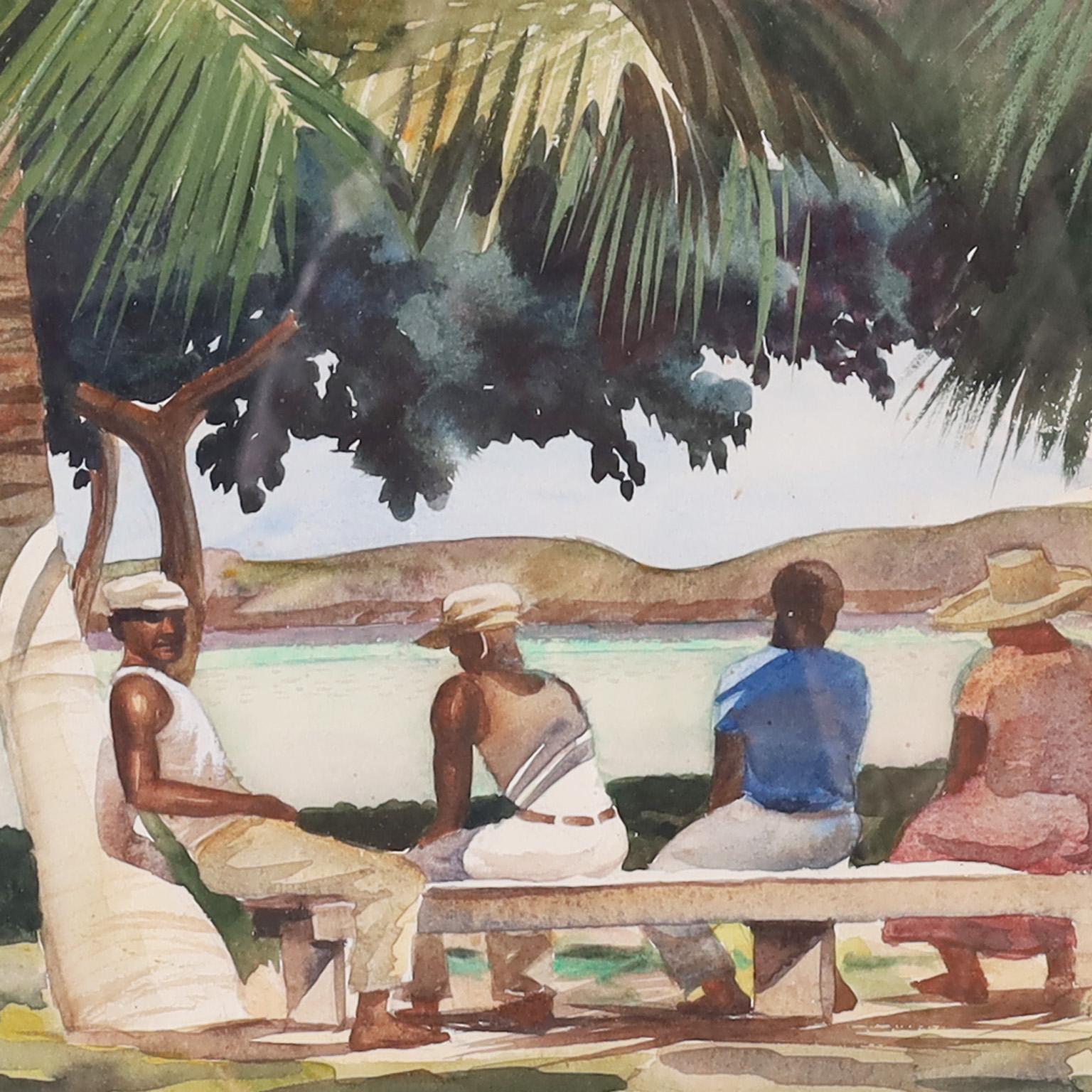 Art Deco Watercolor Painting of a Tropical Scene