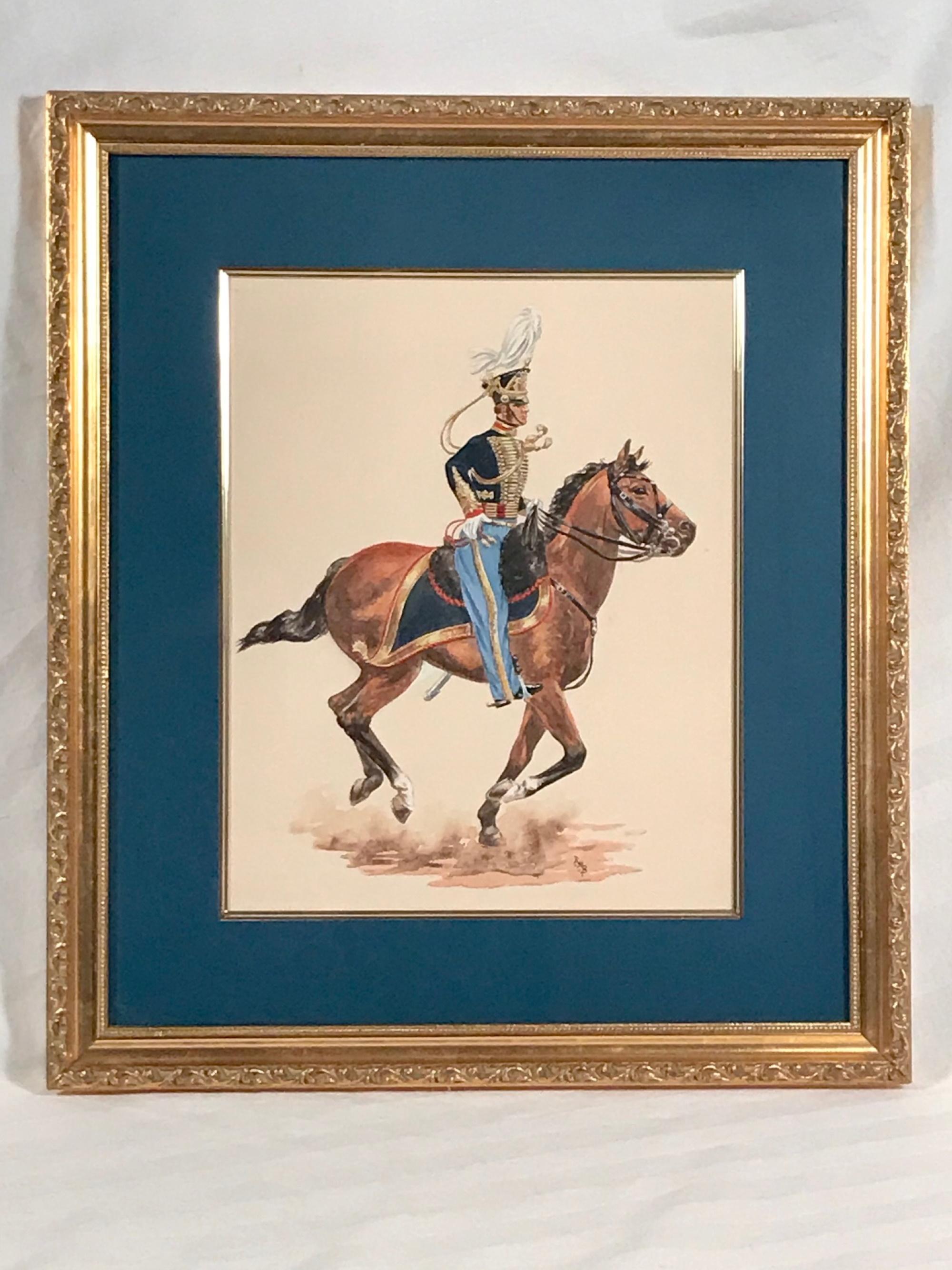 Peinture à l'aquarelle d'un soldat de la cavalerie sur un cheval voguant, monogrammé en vente 4