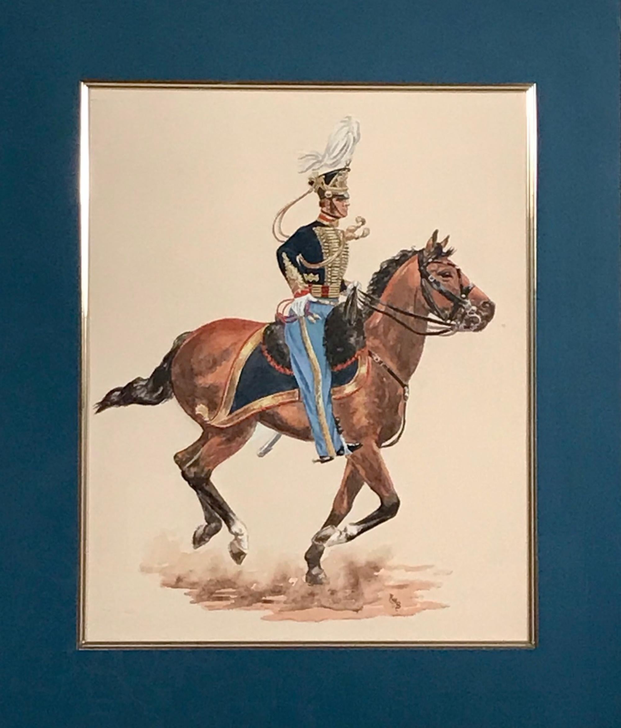 Aquarelle représentant un soldat de cavalerie sur un cheval au galop, monogrammée.

Cette peinture à l'aquarelle est exécutée avec une technique magistrale. Les détails les plus fins et les couleurs vives font de cette œuvre d'art un trésor.