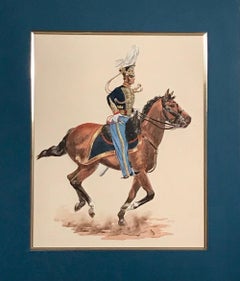 Watercolor Painting of Cavalry Soldier on Galloping Horse, Monogramed