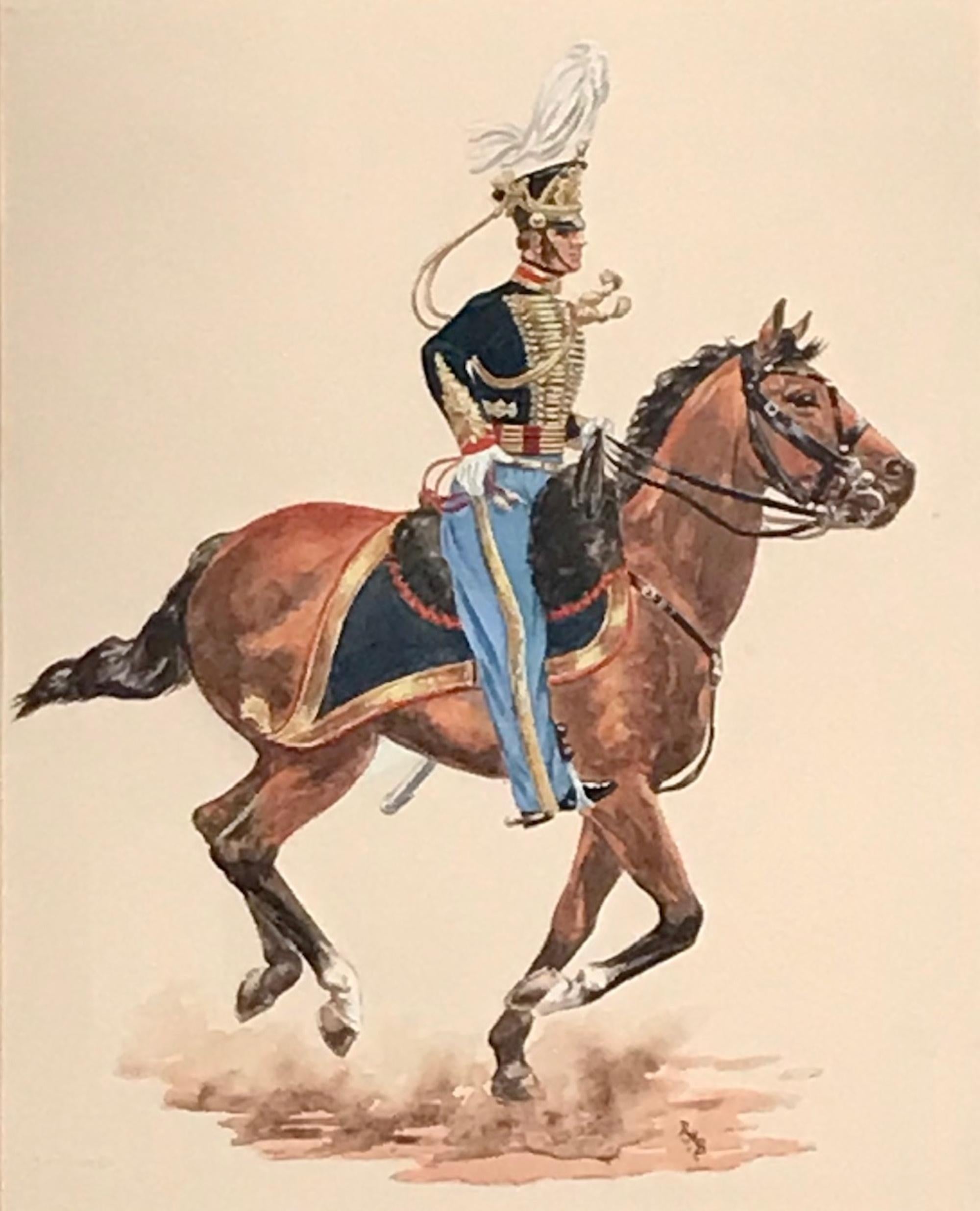 Victorien Peinture à l'aquarelle d'un soldat de la cavalerie sur un cheval voguant, monogrammé en vente