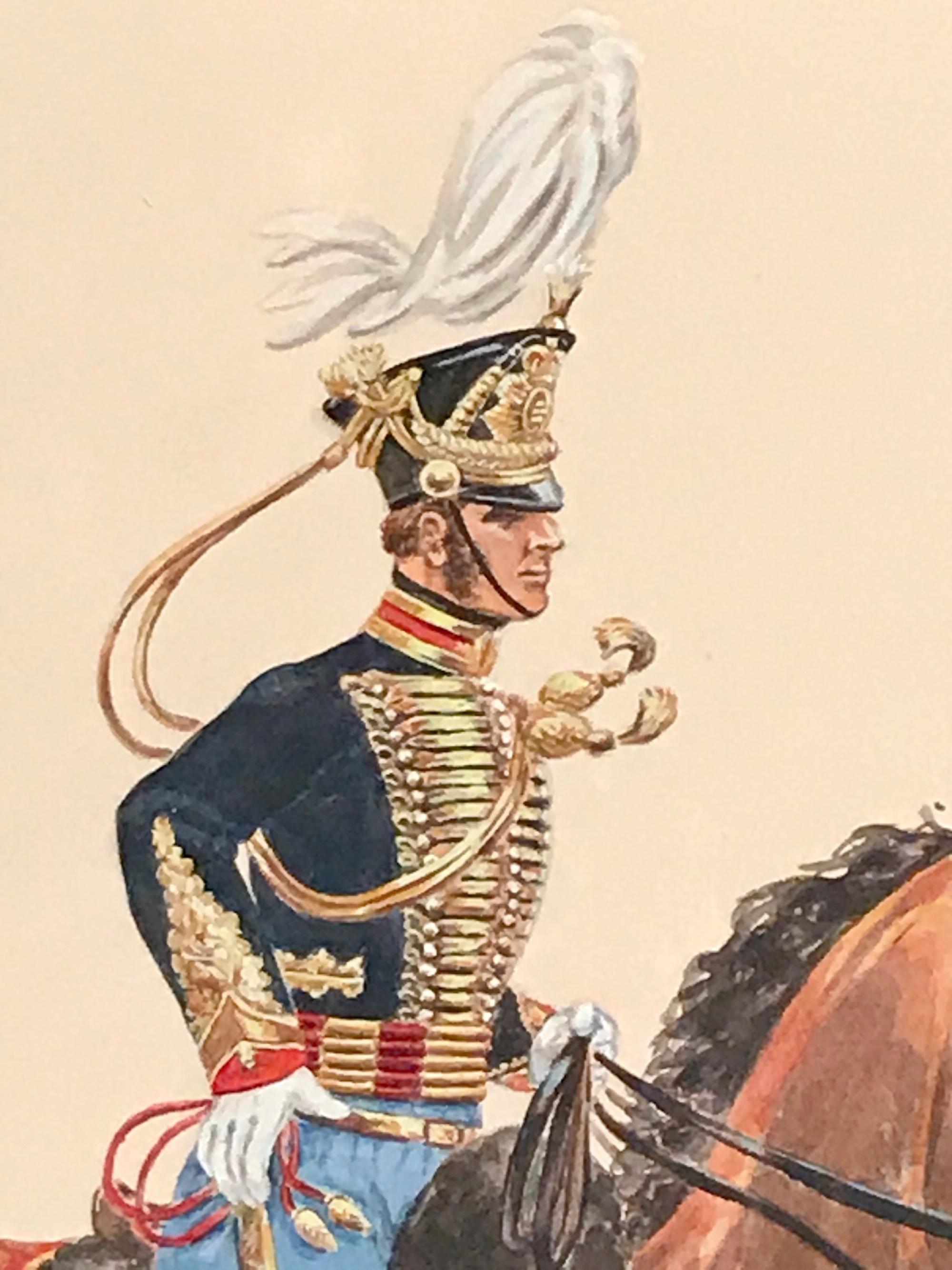 Peint à la main Peinture à l'aquarelle d'un soldat de la cavalerie sur un cheval voguant, monogrammé en vente