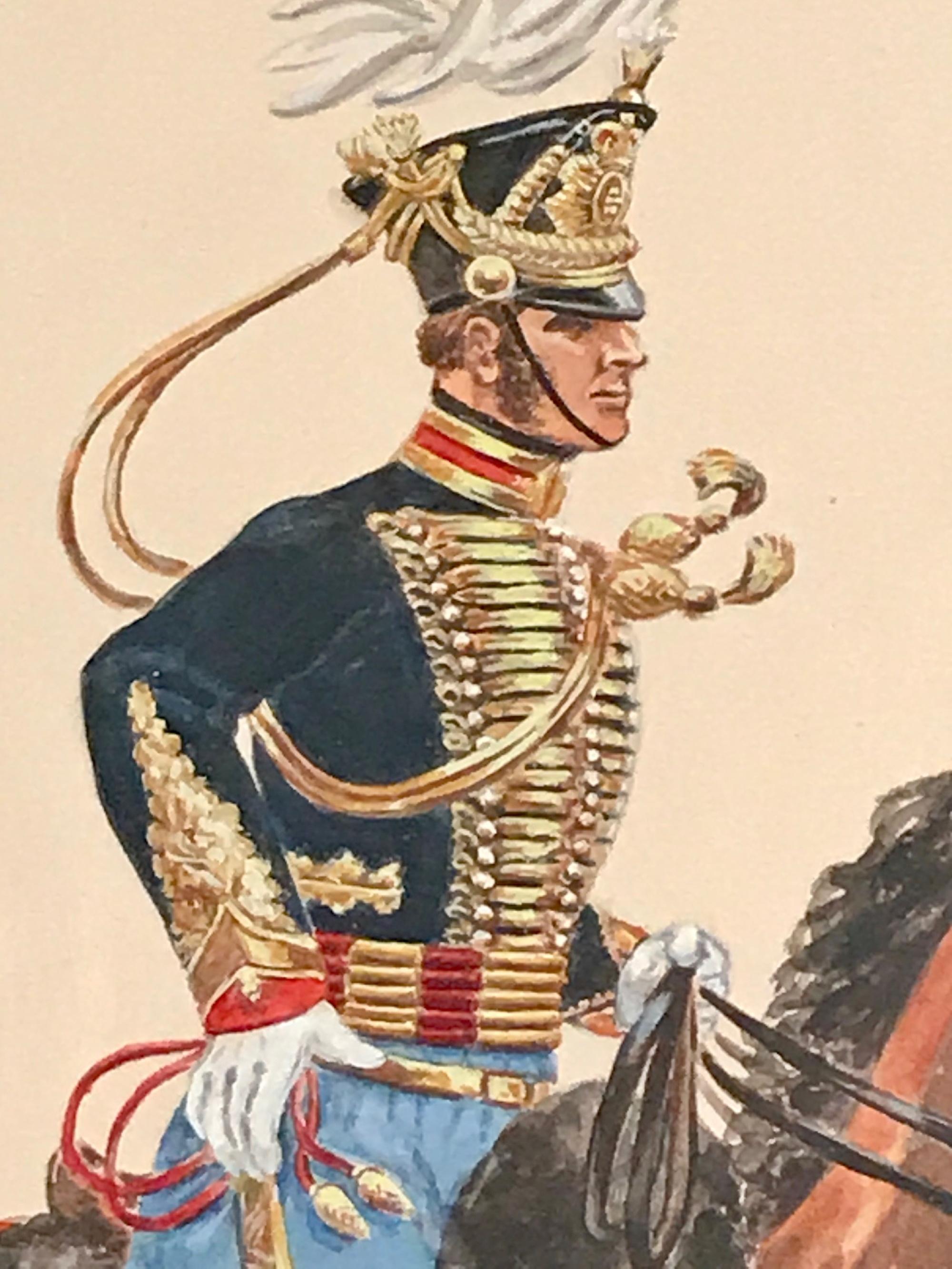 Hand-Painted Watercolor Painting of Cavalry Soldier on Galloping Horse, Monogramed For Sale