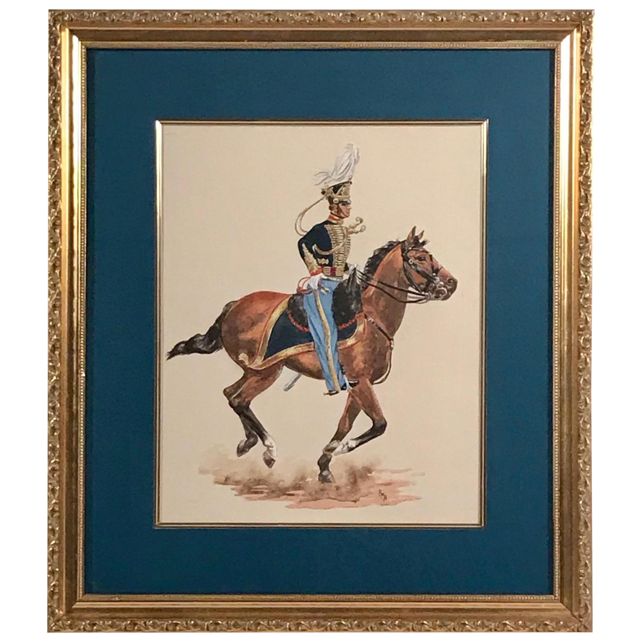Watercolor Painting of Cavalry Soldier on Galloping Horse, Monogramed