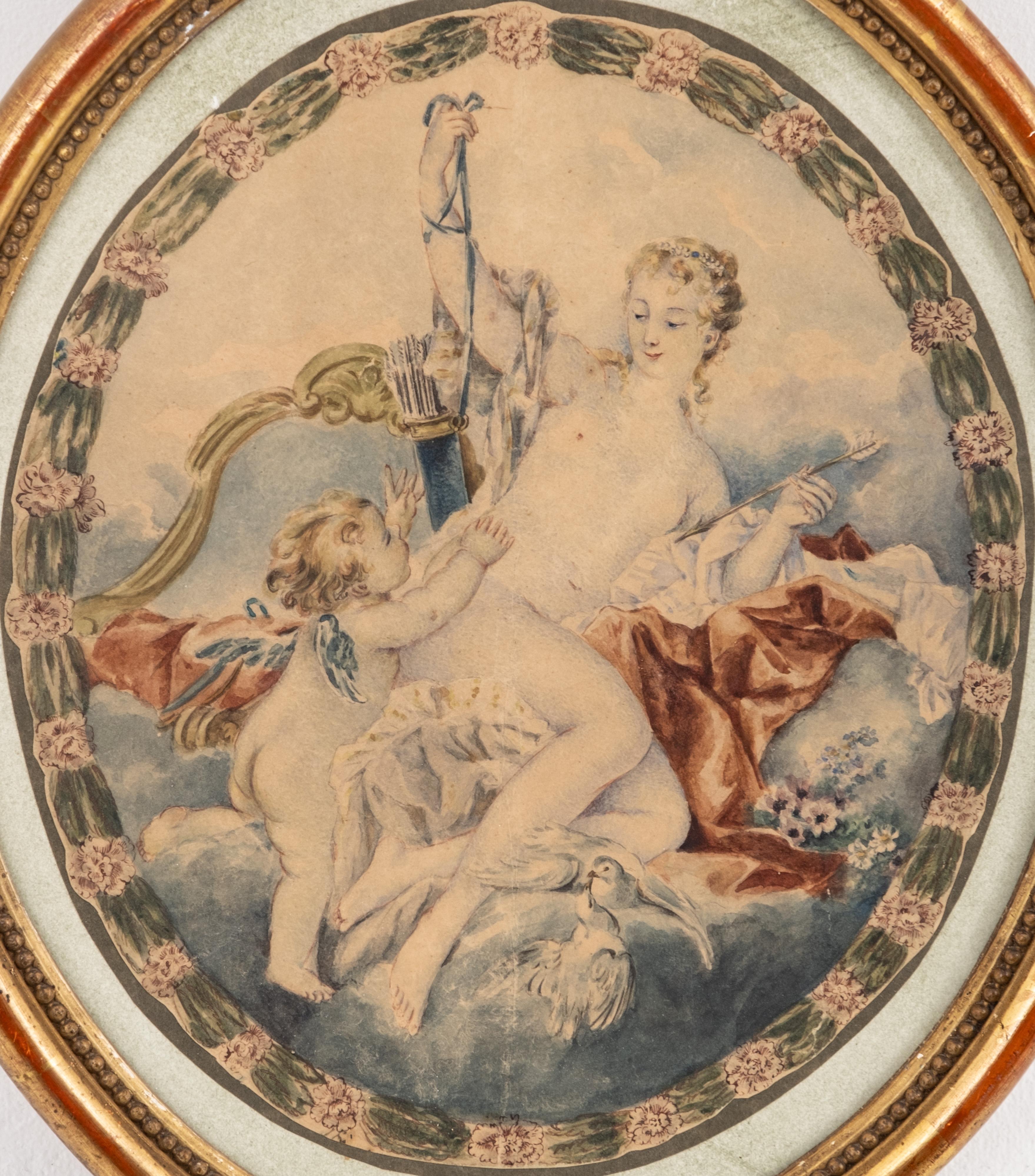 Acuarela del siglo XVIII que representa a Diana y Cupido, elegantemente enmarcada en un marco oval dorado.

Medidas: Arte: 25,4 x 22,2 cm (10 x 8 3/4 pulg.), Marco: 33,7 x 29,2 cm (13 1/4 x 11 1/2 pulg.)