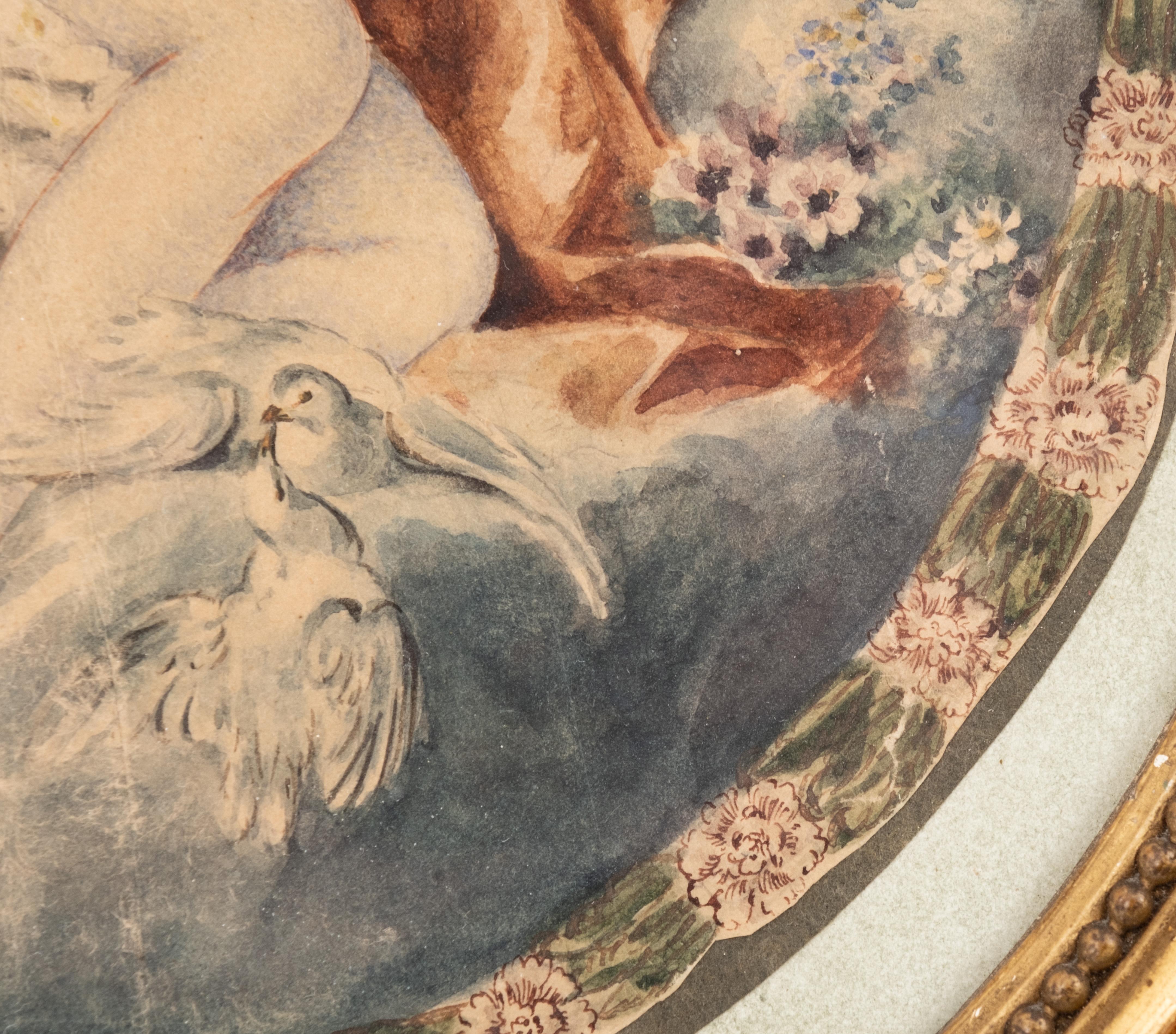 Acuarela de Diana y Cupido Rococó en venta