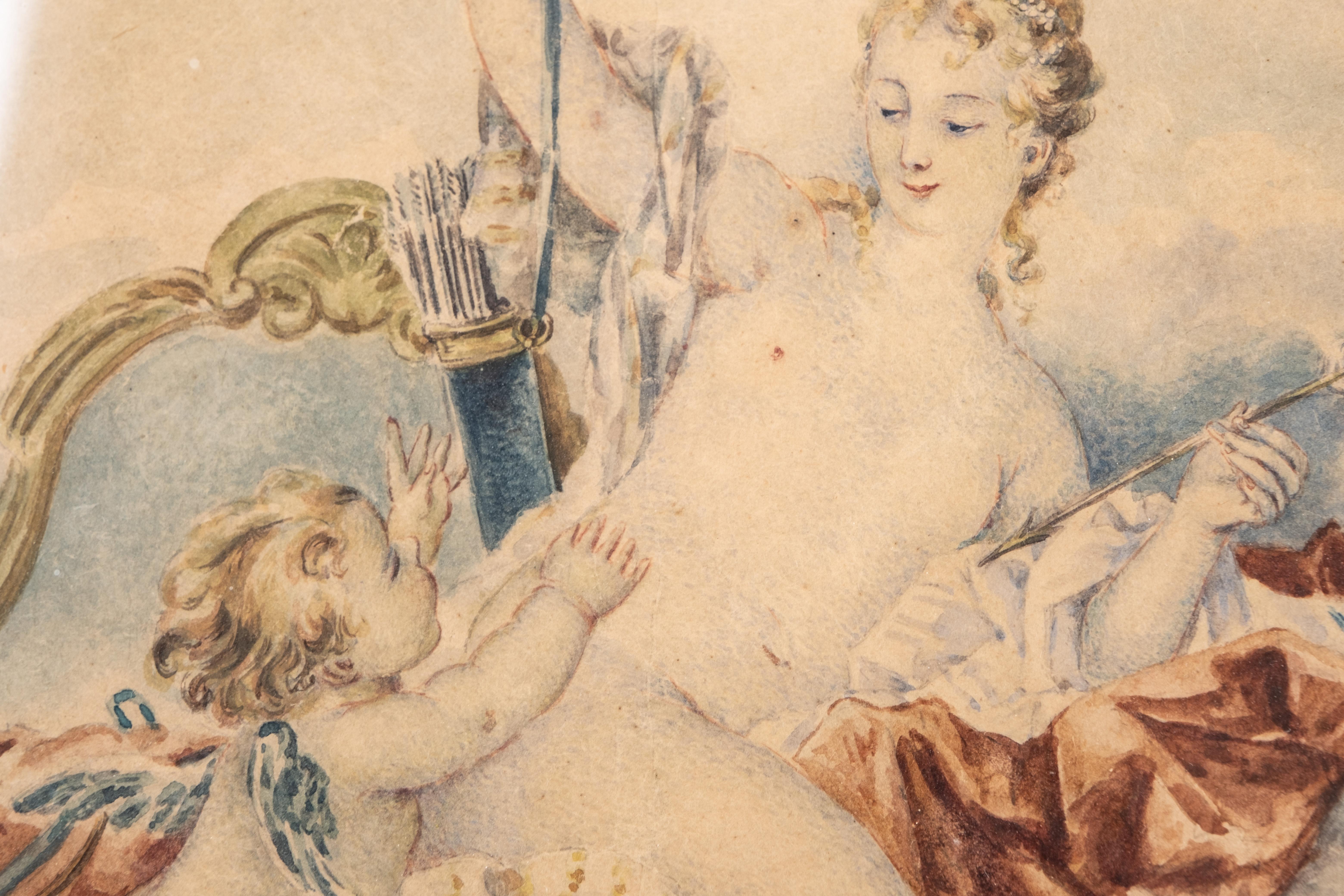 Acuarela de Diana y Cupido Francés en venta