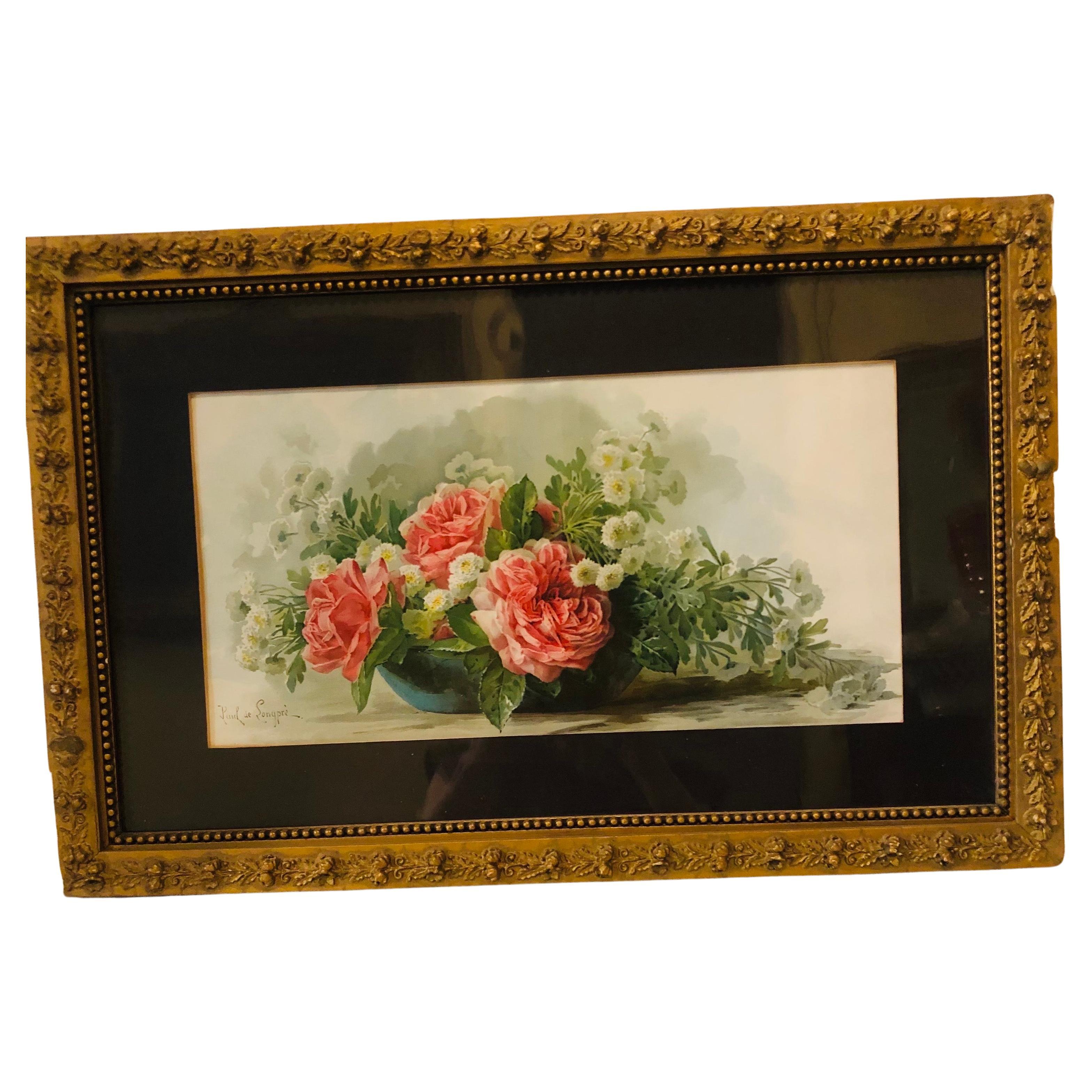 Precioso cuadro en acuarela de hermosas flores firmado por Paul de Longpre', artista estadounidense y francés. Este artista vivió entre 1855 y 1911. Paul era conocido como un artista de la acuarela que pintaba hermosas y delicadas flores. El marco
