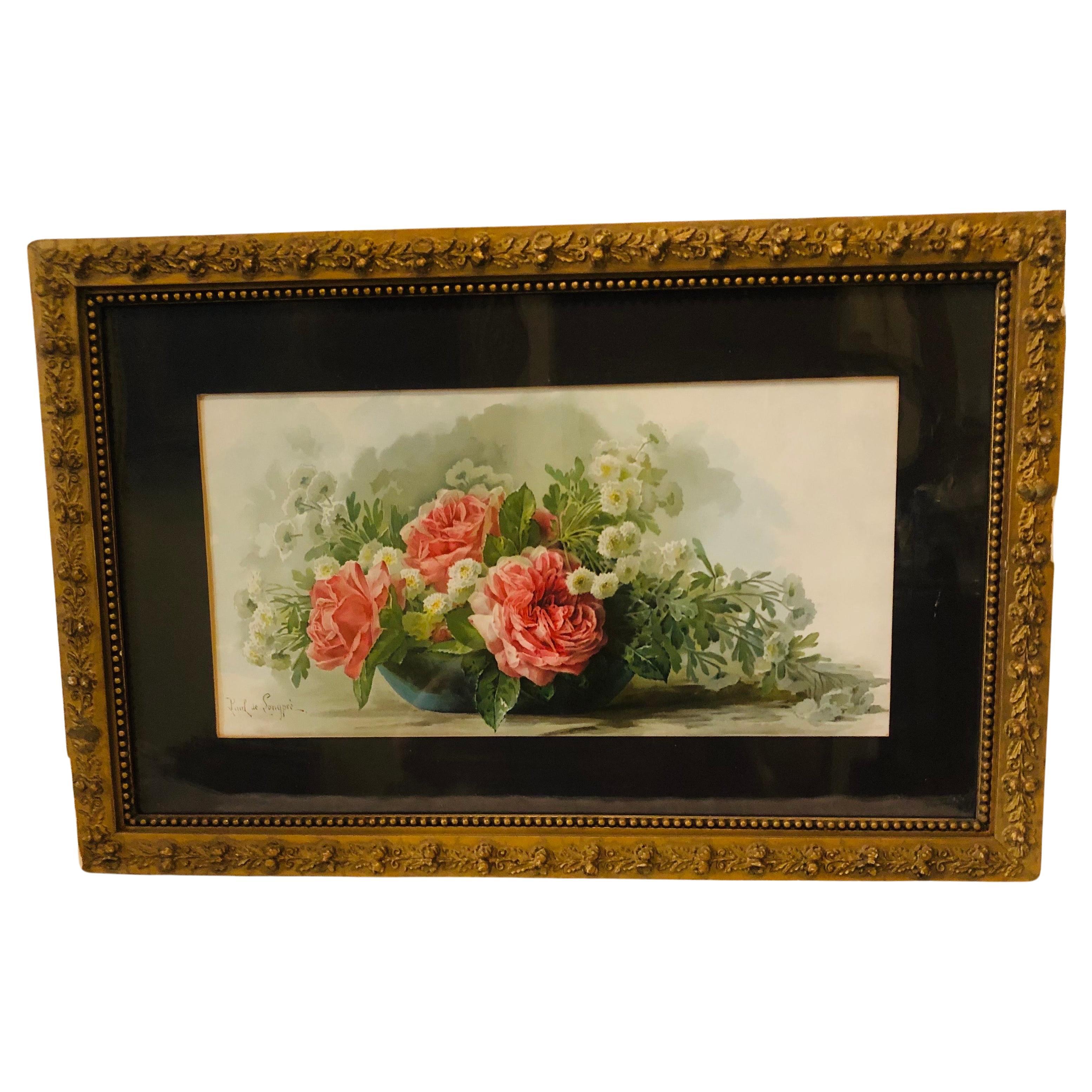 Aquarelle de fleurs signée Paul de Longpre, artiste français