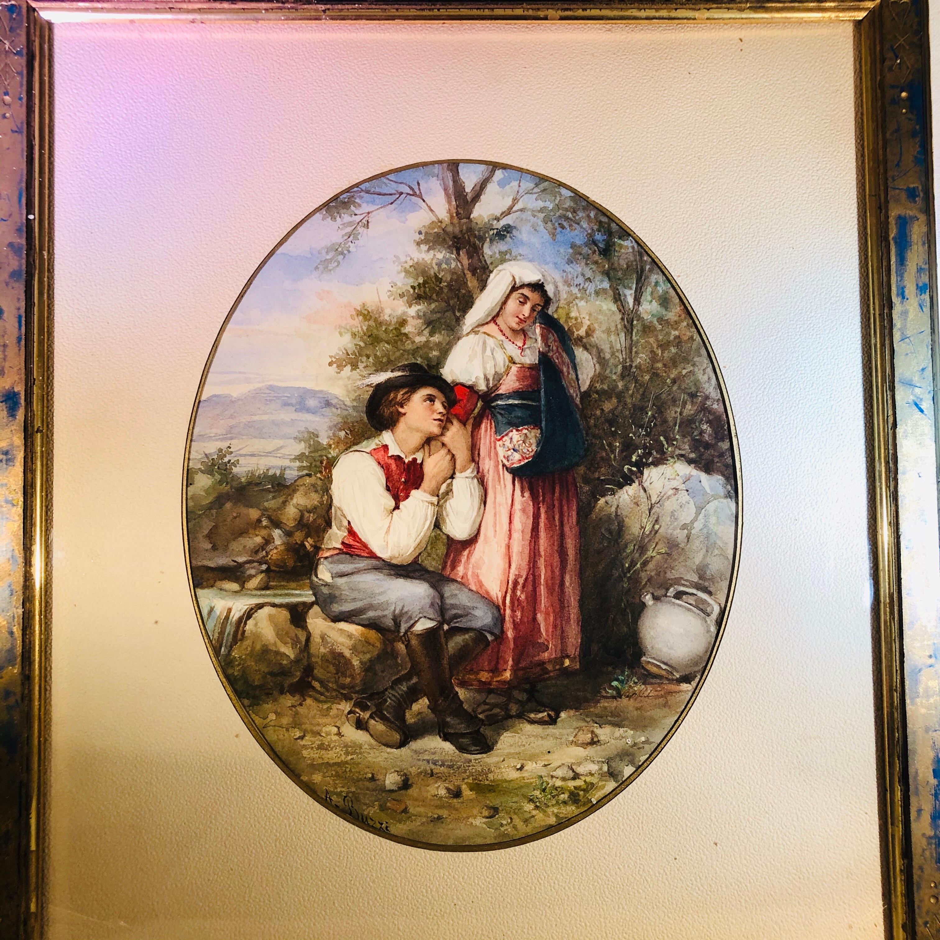 Watercolor painting depicting lovers in the woods signed A. Buzzi. Archille Buzzi is a well listed artist who lived in Italy in the late 19th century. This wonderful watercolor has vibrant colors and detailed artistry. The romantic subject is very