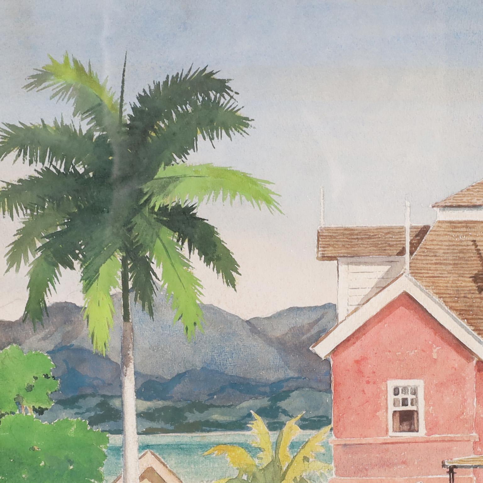 Delightful watercolor on paper of colonial architecture with water, mountains, and two mysterious figures. Signed in the lower left by noted American artist William Henry. Presented in a gilt wood frame under glass. 