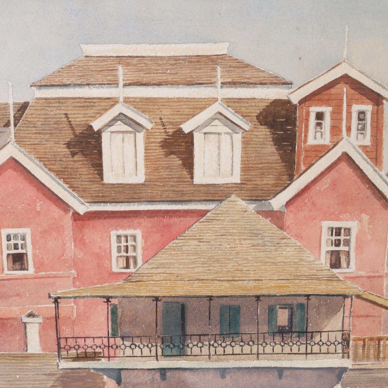 20th Century Watercolor Painting of Tropical Architecture in the Bahamas For Sale