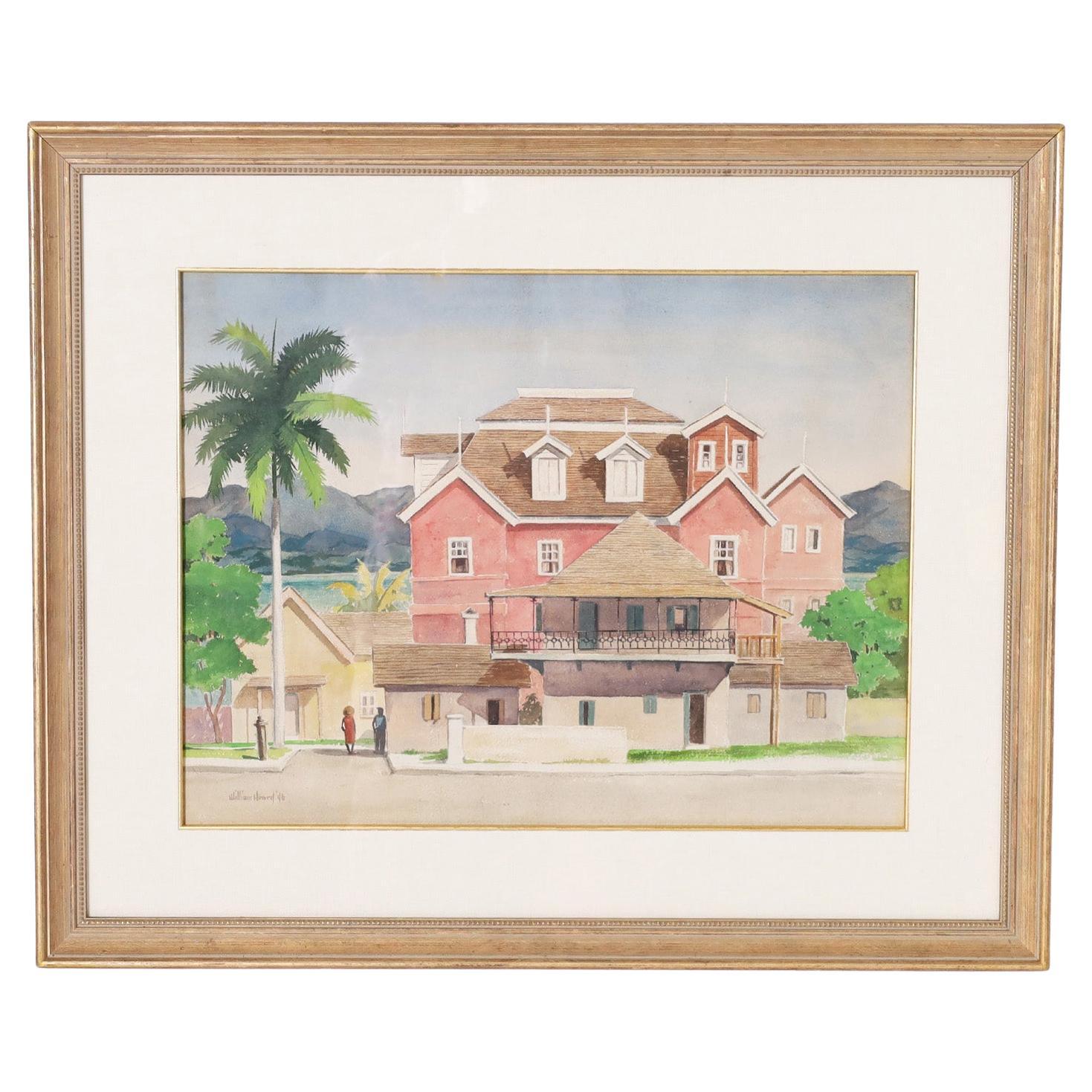 Watercolor Painting of Tropical Architecture in the Bahamas For Sale