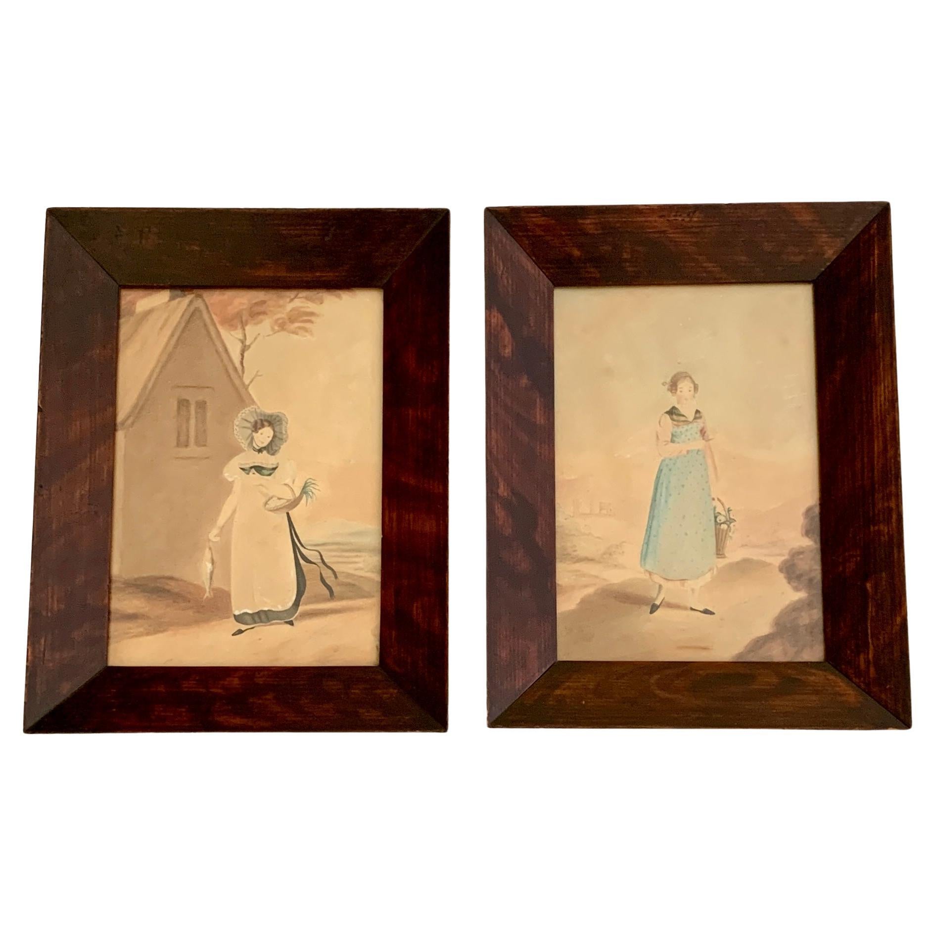 A skilled English painter from the mid-19th century painted this lovely pair of watercolors. 
They exemplify the traditional style of the era, with light and airy backgrounds that focus the viewer's attention on the two women.
 Each painting