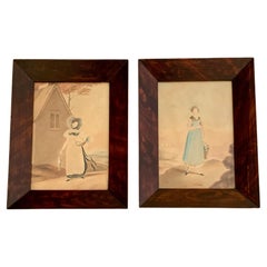 Antique Watercolor Painting of Two Young Ladies Walking Home