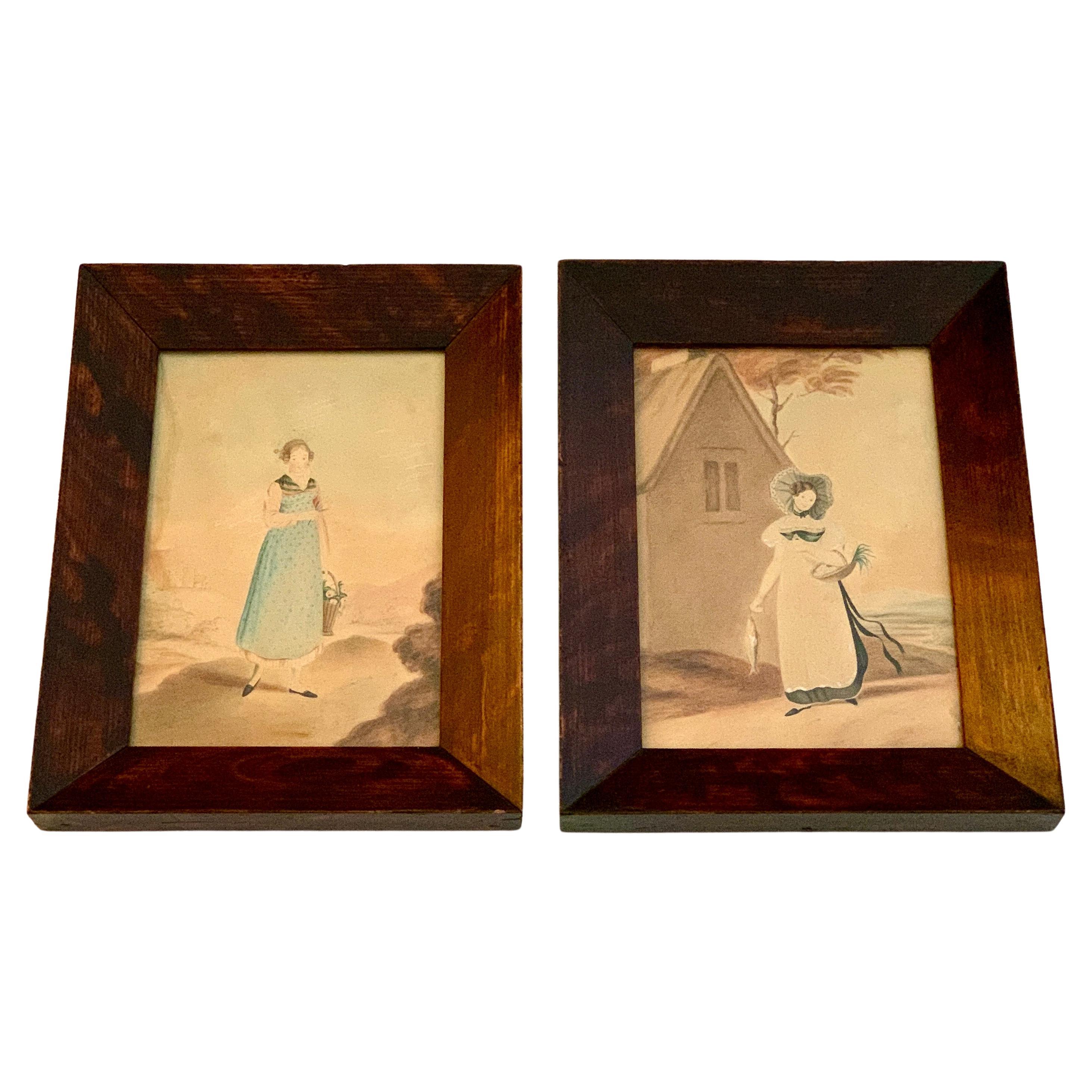 Watercolor Painting of Two Young Ladies Walking Home For Sale