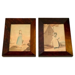 Antique Watercolor Painting of Two Young Ladies Walking Home