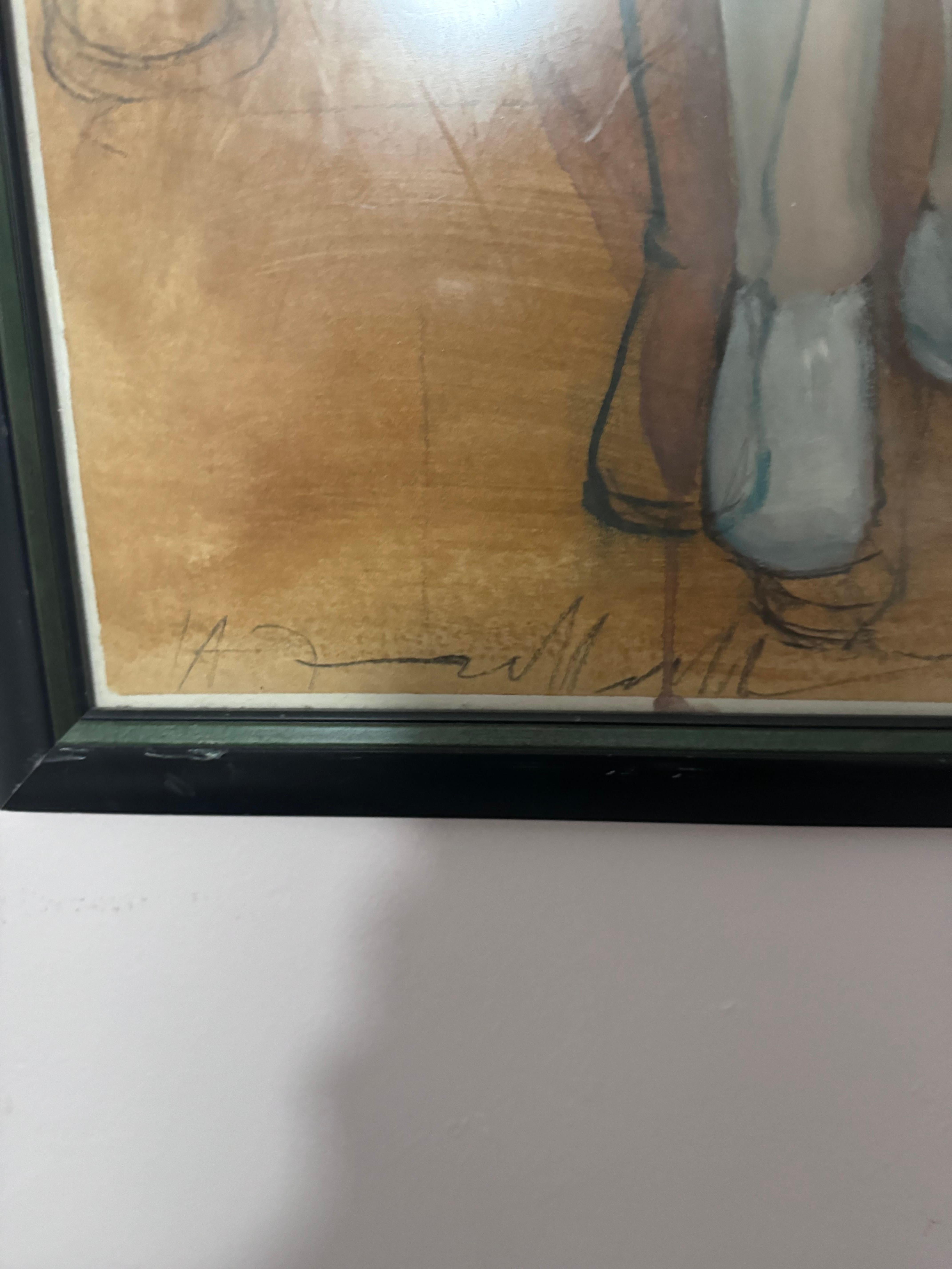 Retrato en acuarela de una anciana con pintura verde 1991 Moderno de mediados de siglo en venta