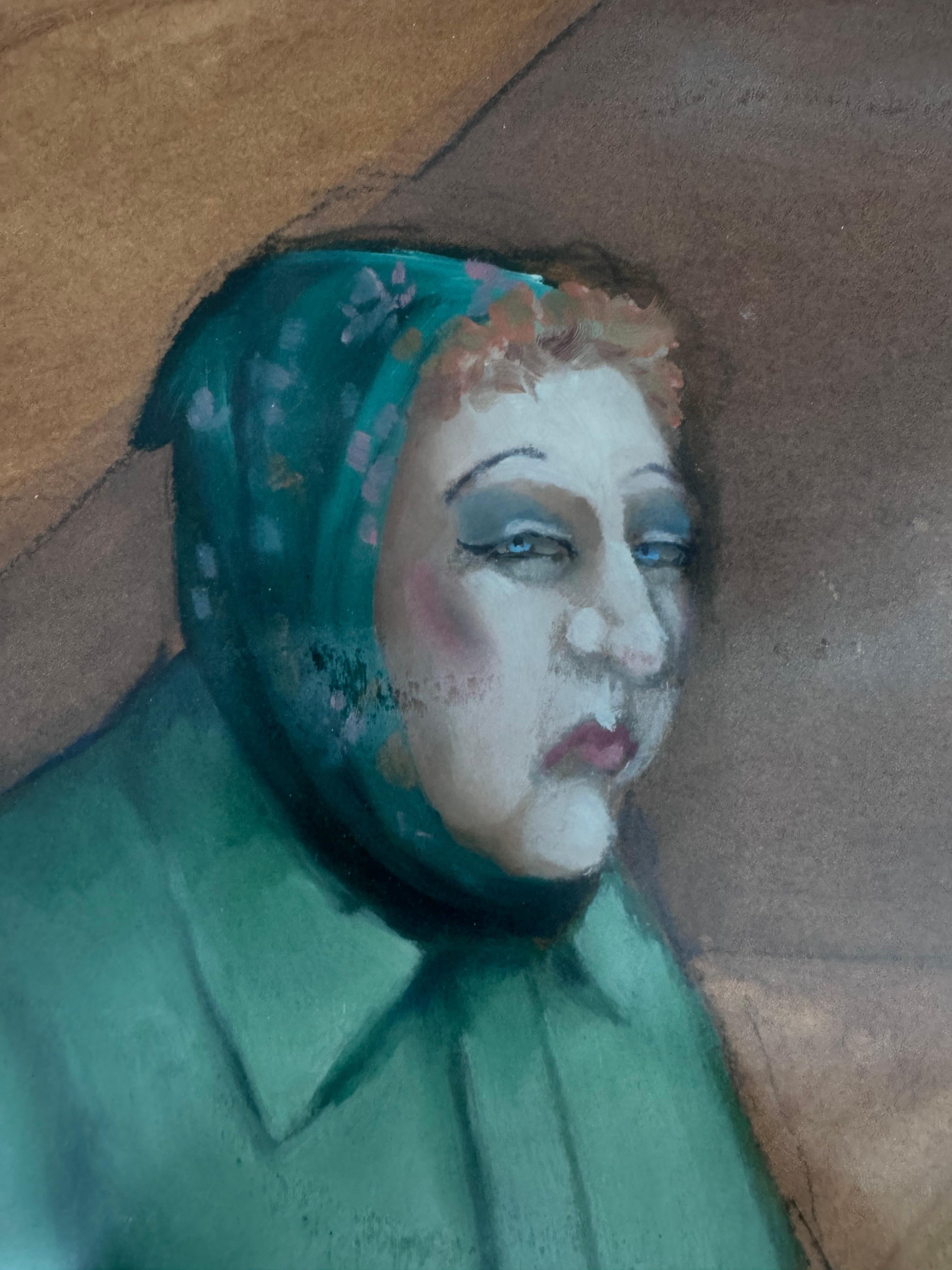 Retrato en acuarela de una anciana con pintura verde 1991 Pintado a mano en venta