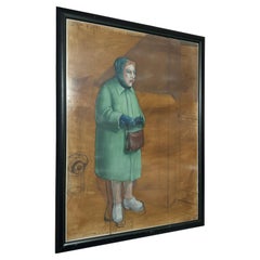 Vintage Watercolor Portrait of an Elderly Lady in Green Painting 1991