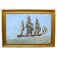 Watercolor Seascape Painting With Clipper Sailing Ship By James M. Maps c1920