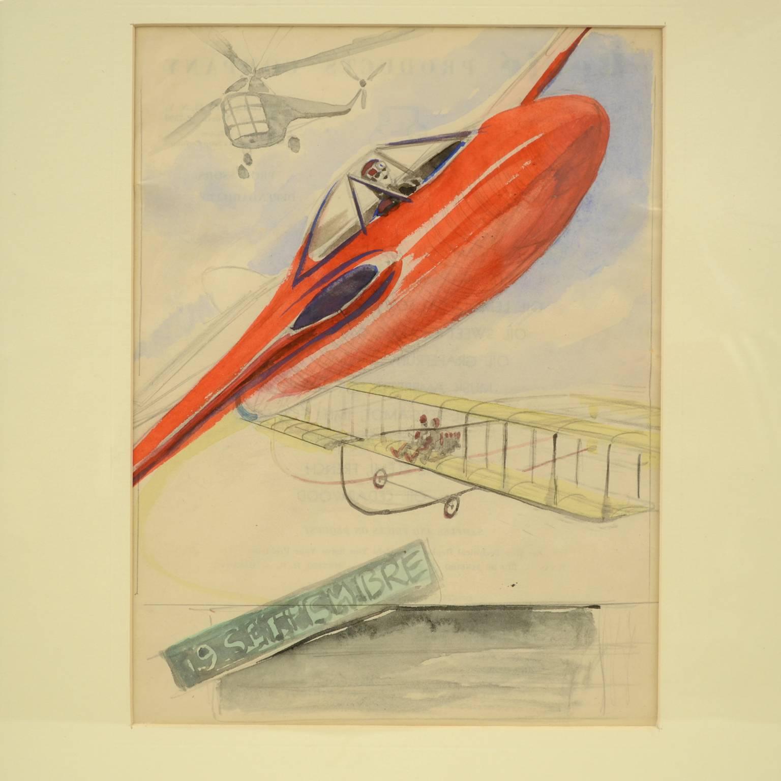 Esquisse préparatoire, aquarelle, d'une affiche sur le concours aéronautique Gran Premio Milano du 19 septembre 1948, représentant trois types de machines volantes, réalisée par Riccardo Cavigioli. Mesures : Cadre compris 38 x 1,7 x 45 cm, 14.9 x