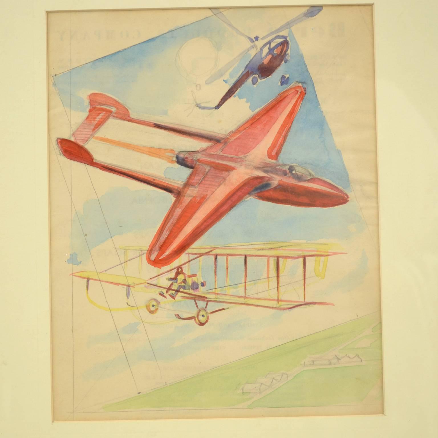 Esquisse préparatoire, aquarelle, d'une affiche sur le concours aéronautique Gran Premio Milano du 19 septembre 1948, représentant trois types de machines volantes, réalisée par Riccardo Cavigioli. Cadre compris 38 x 1,7 x 43 cm - 14.96 x 0.66 x