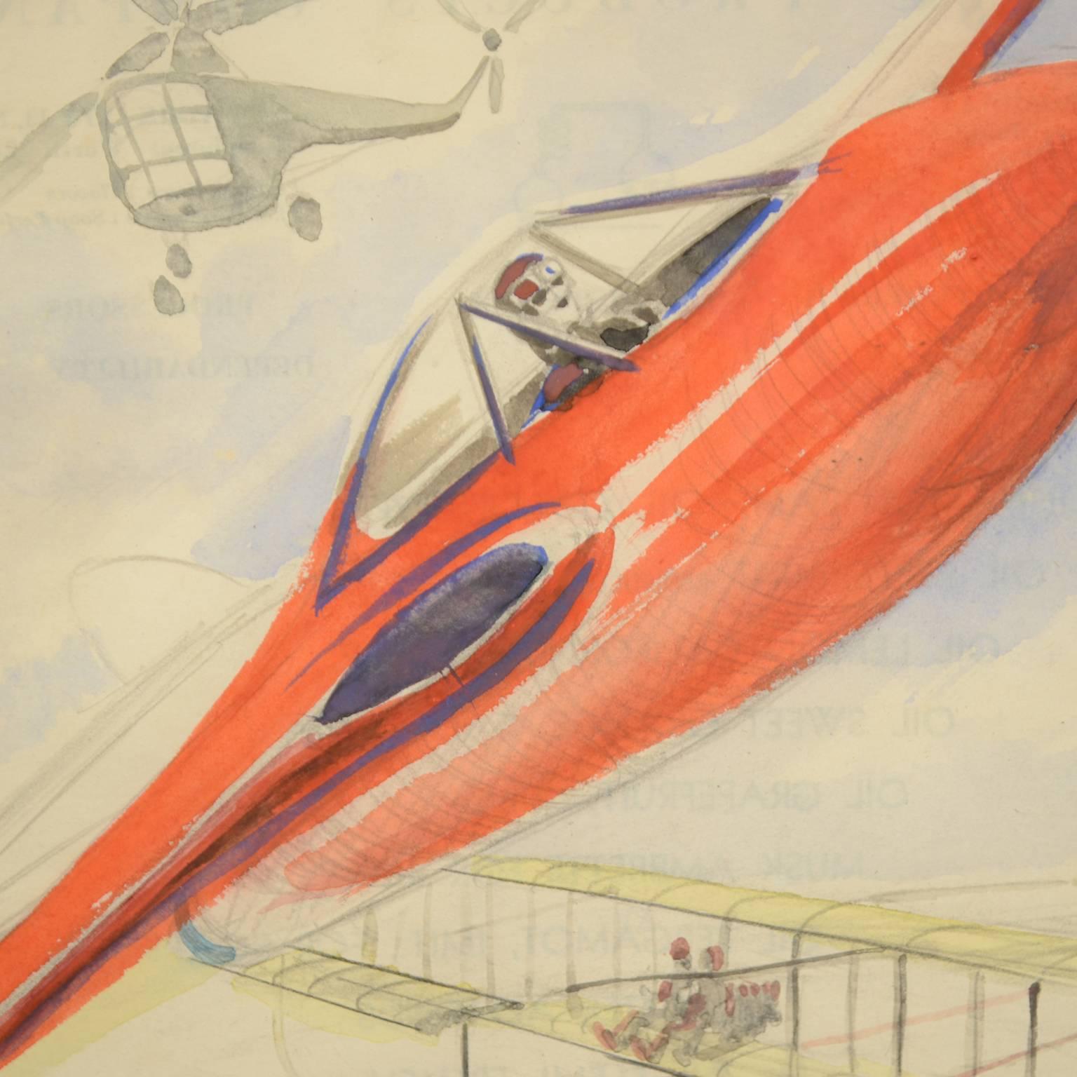 Italian Watercolor Aviation Sketch of a Poster for Gran Premio Milan 19th September 1948 For Sale