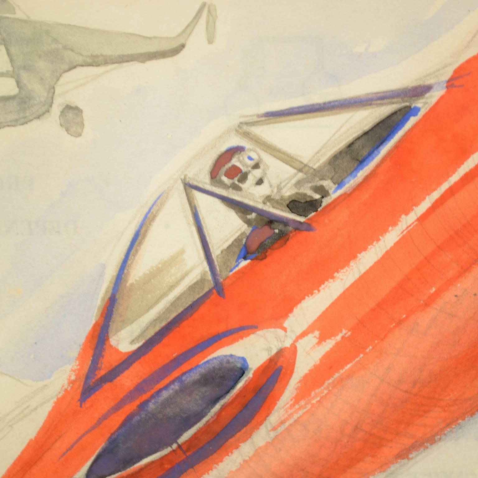 Mid-20th Century Watercolor Aviation Sketch of a Poster for Gran Premio Milan 19th September 1948 For Sale