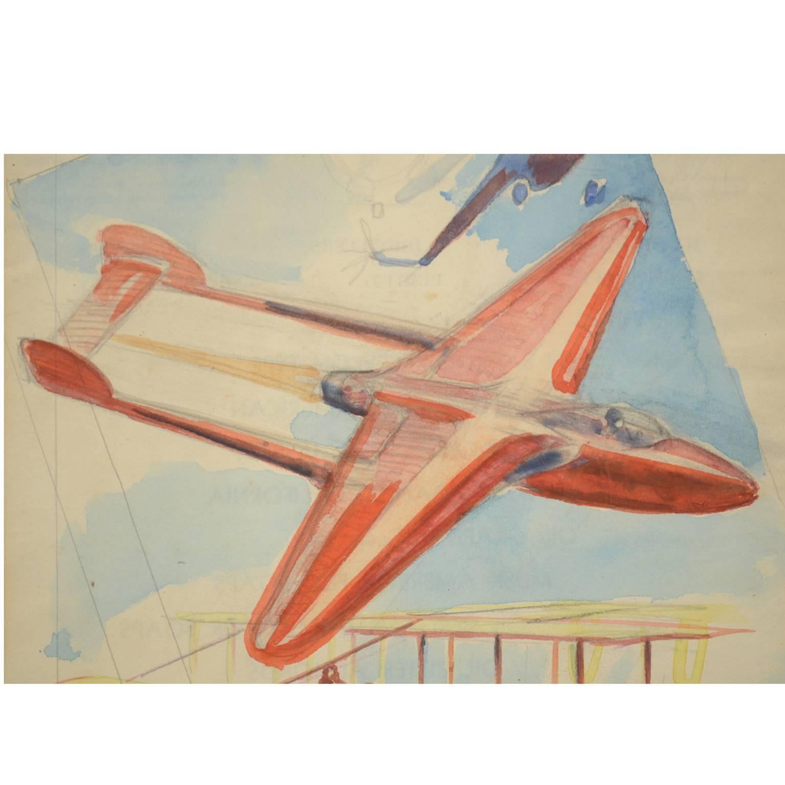Mid-20th Century Watercolor Aviation Sketch of a Poster for Gran Premio Milan 19th September 1948 For Sale