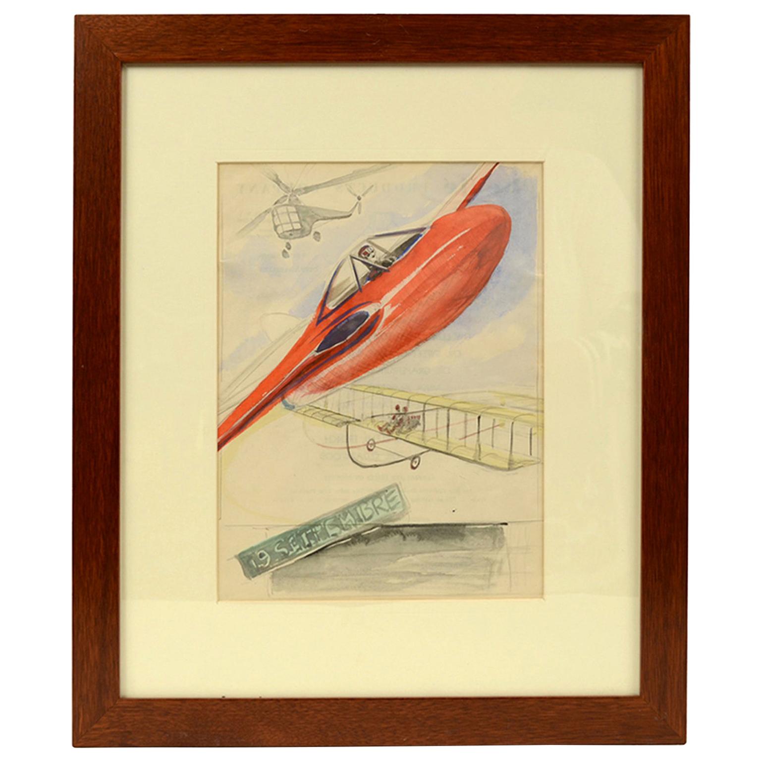Watercolor Aviation Sketch of a Poster for Gran Premio Milan 19th September 1948 For Sale