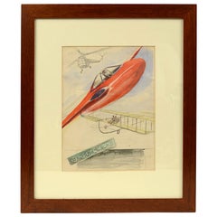 Vintage Watercolor Aviation Sketch of a Poster for Gran Premio Milan 19th September 1948