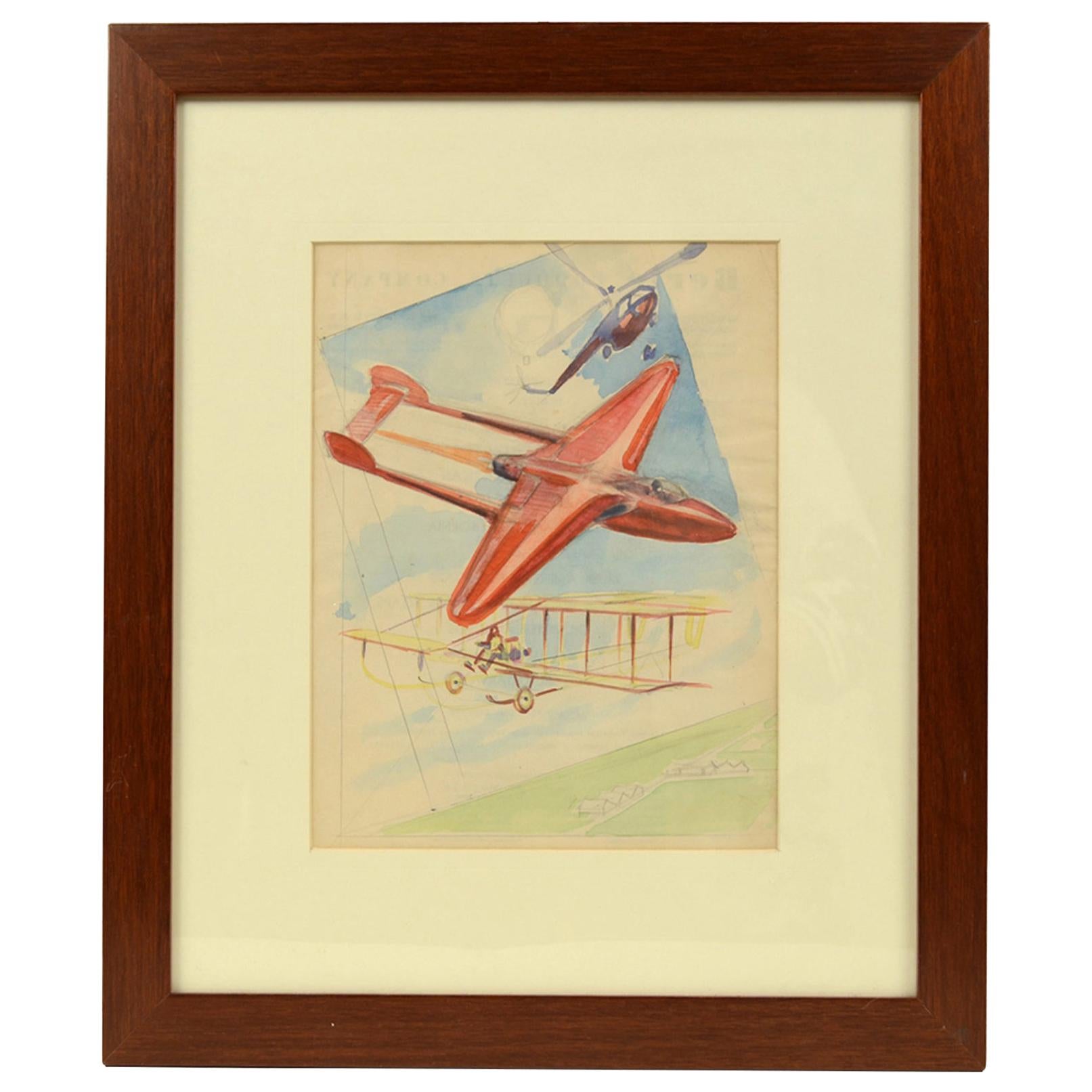 Watercolor Aviation Sketch of a Poster for Gran Premio Milan 19th September 1948 For Sale