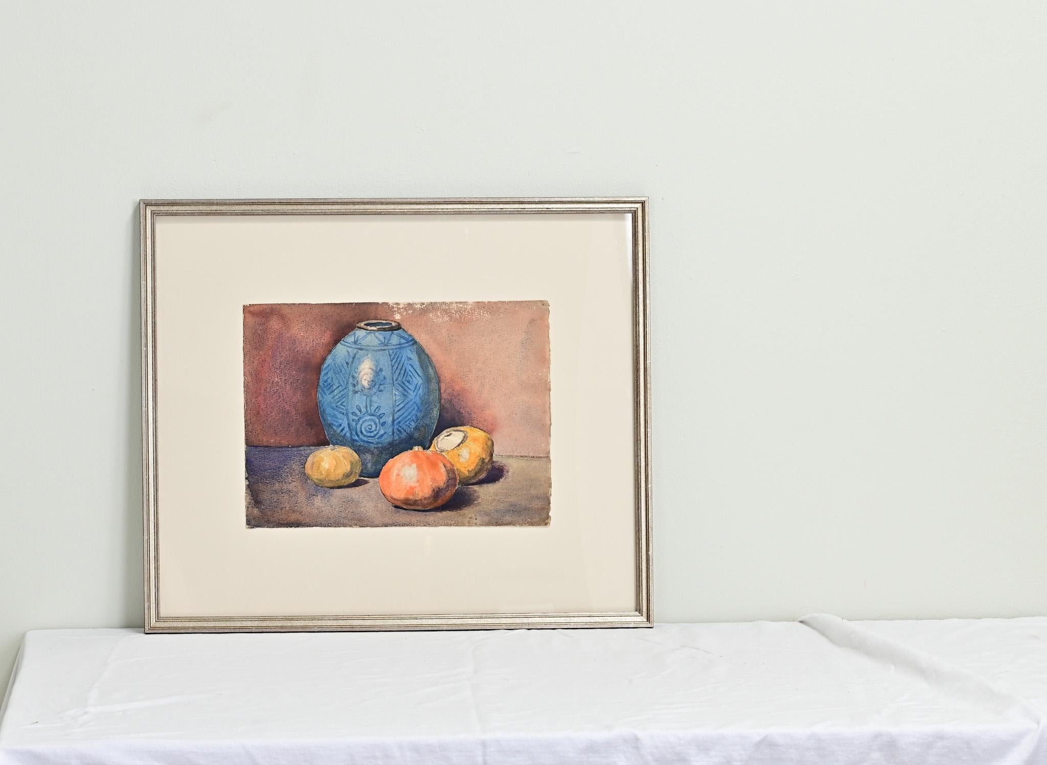 A vintage still life painting, watercolor on paper. This painting has recently been matted and framed in a silver finished frame. New conservation grade UV protective glass. Be sure to view the detailed images. 