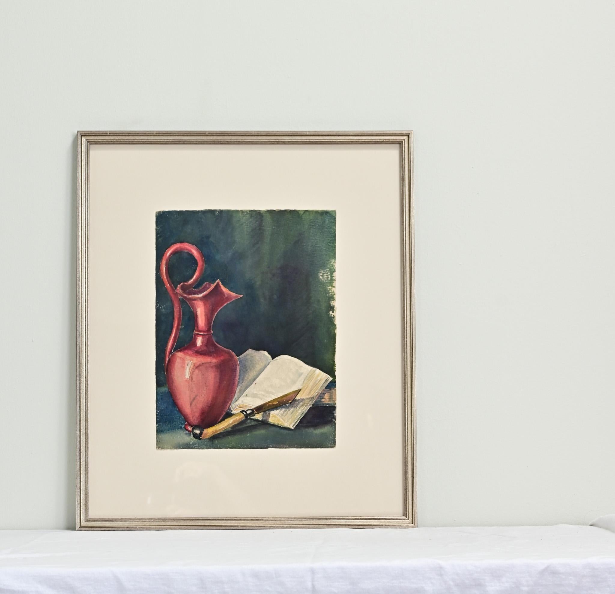 A vintage still life painting, watercolor on paper. This painting has recently been matted and framed in a silver finished frame. New conservation grade UV protective glass. Be sure to view the detailed images.
