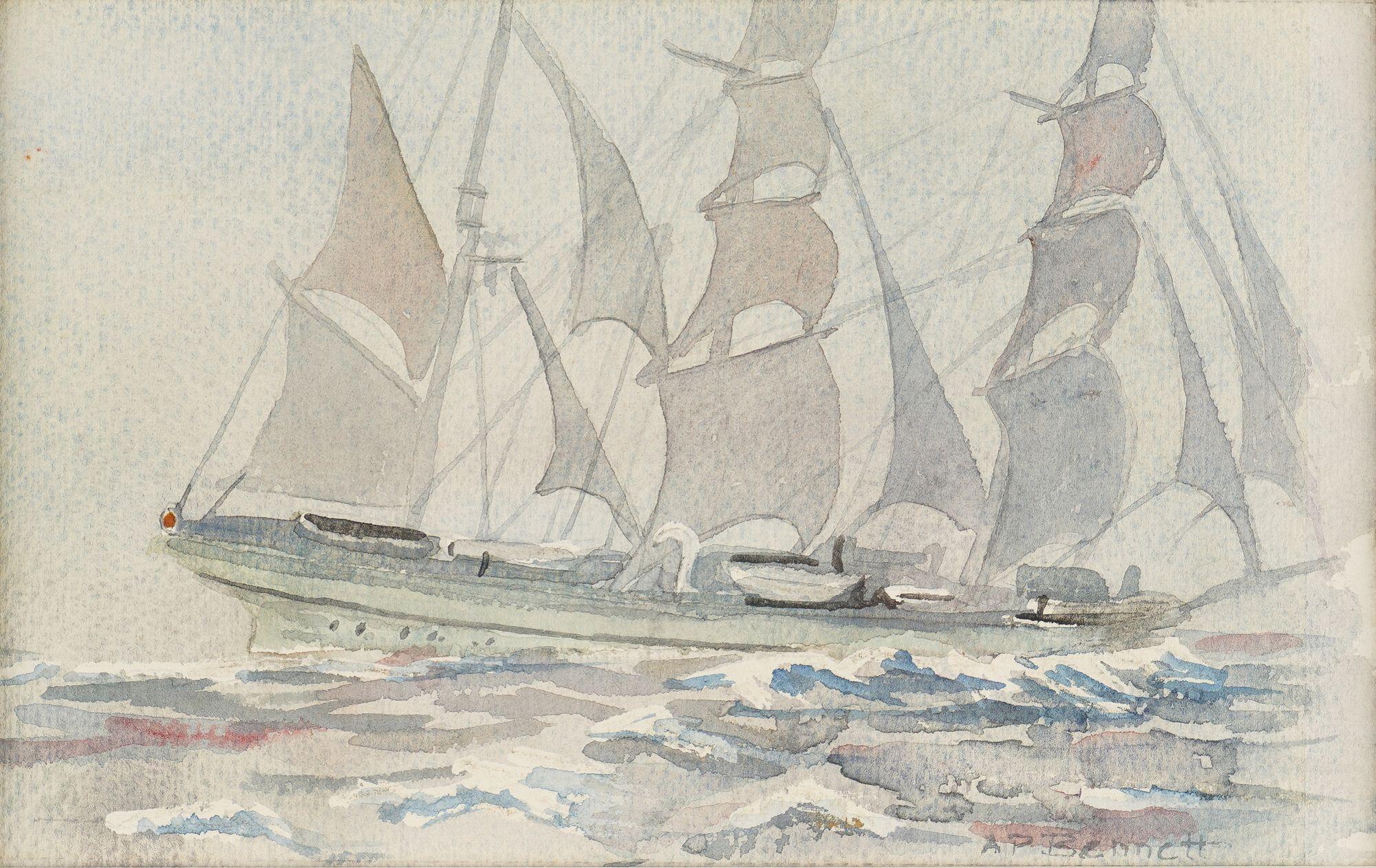 Watercolor study on paper of a three masted schooner at sea. The transparent celadon greens, grays, and blues convey a tonalist atmosphere to the composition. Archival mount under UV plexiglass and fitted in a carved limed wood frame.

Signed, lower