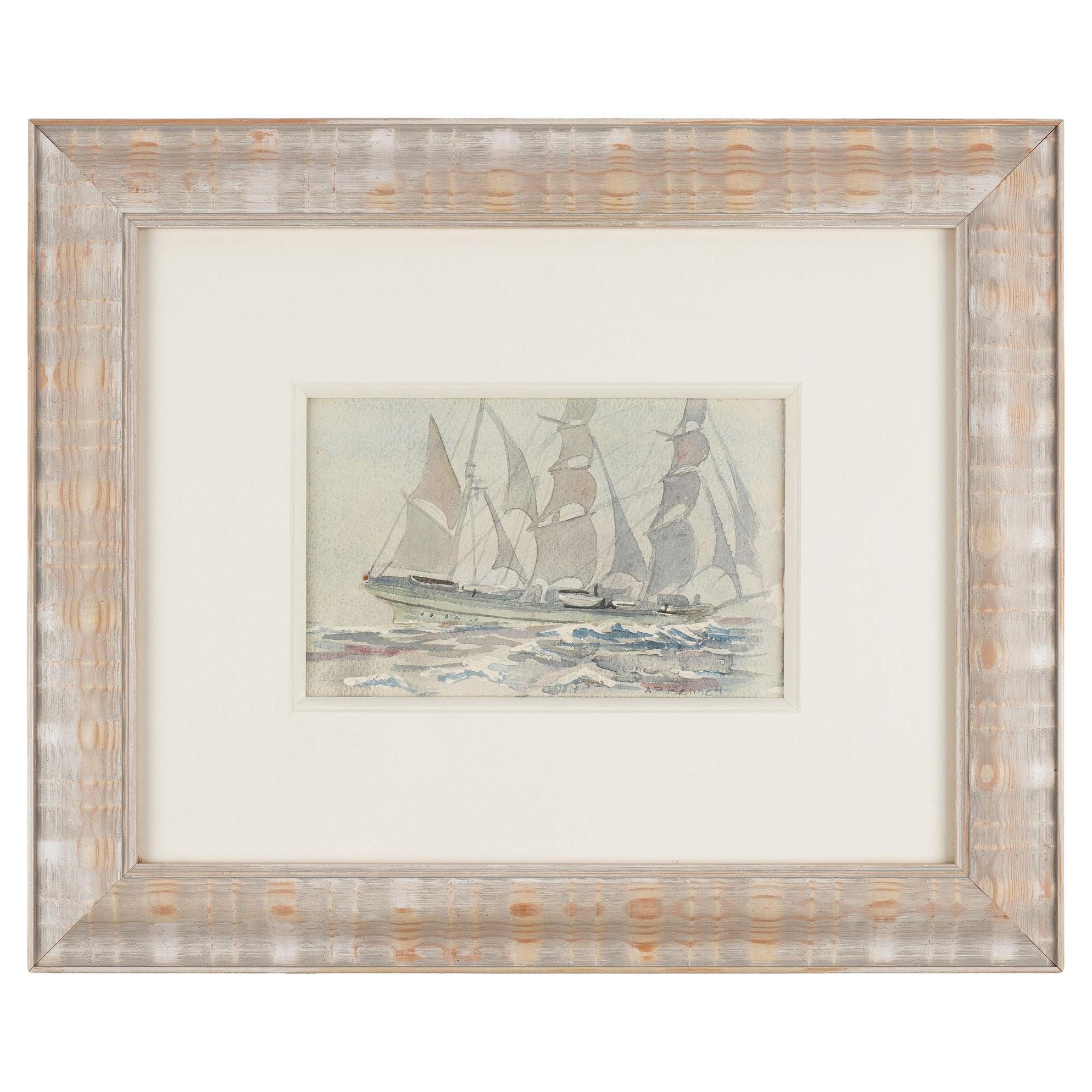 Watercolor study on paper of a three masted schooner by Andrew Bennett, 1900's For Sale