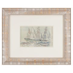 Vintage Watercolor study on paper of a three masted schooner by Andrew Bennett, 1900's