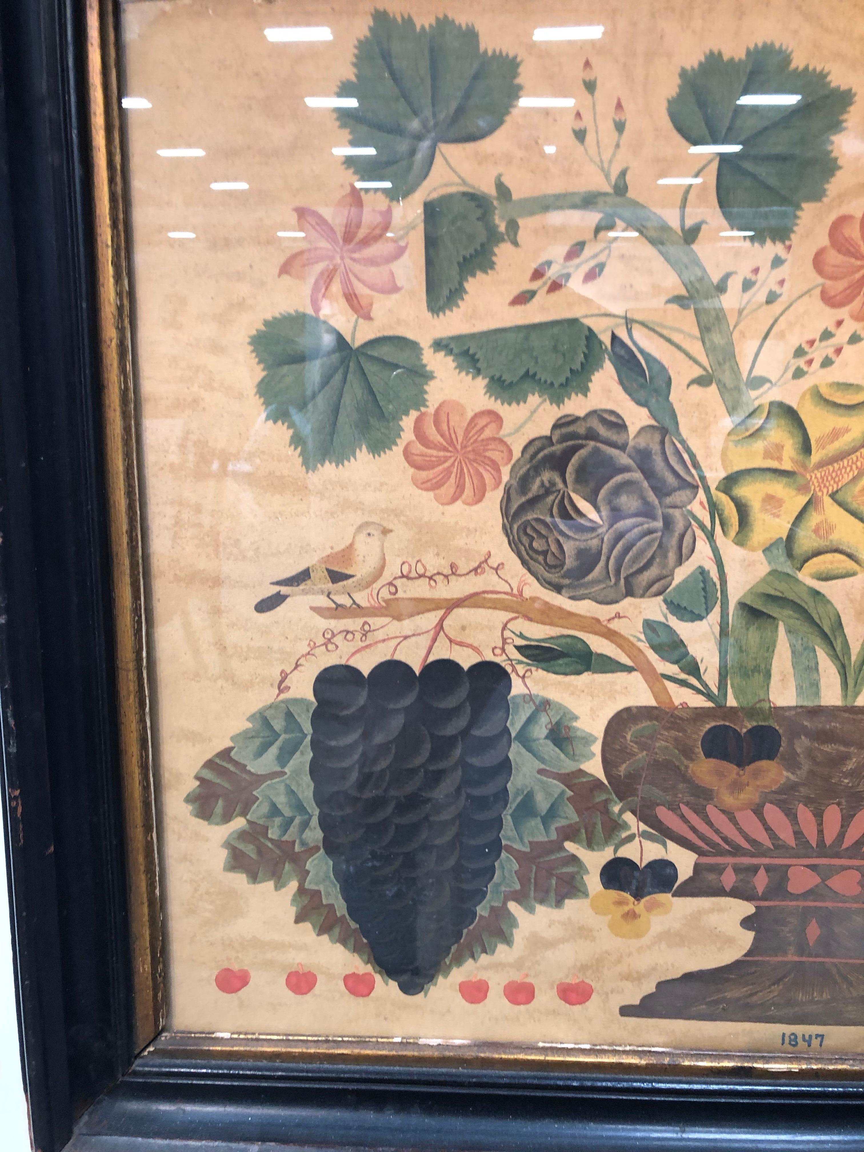 Watercolor Theorem on paper, America, 19th century, basket overflowing with roses and greens Birds and hearts set on a green foreground, in a molded giltwood frame, ht. 19, wd. 25 in.
 