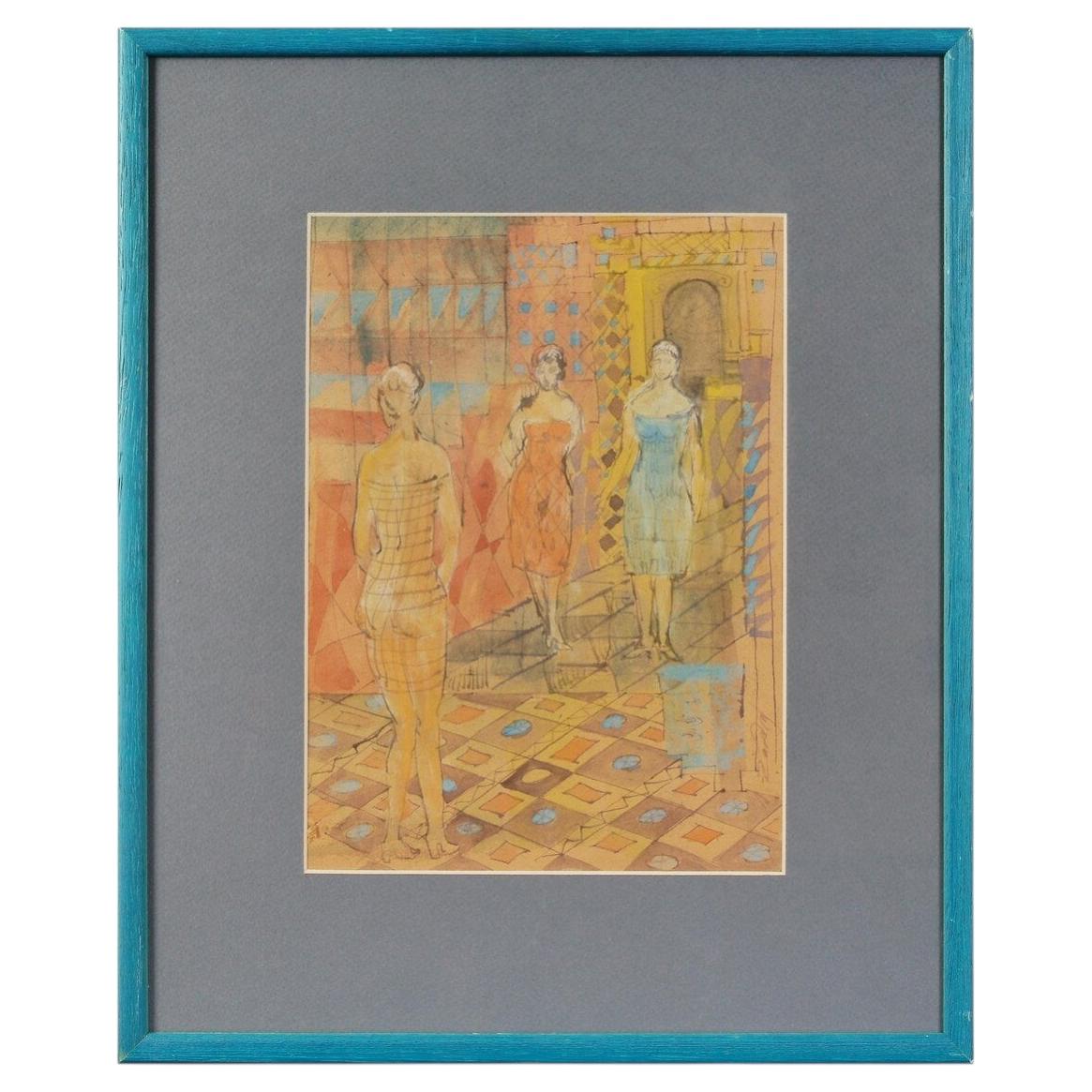 Aquarell „Drei Damen“, Lettland, von Adolfs Zardinsh, 1930er Jahre