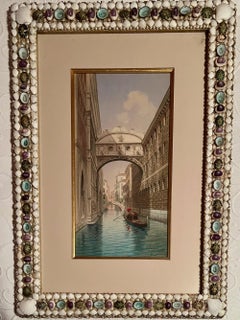 Watercolor Venice Bridge of Sighs, 19th C. in Beautifully Decorated Shell Frame