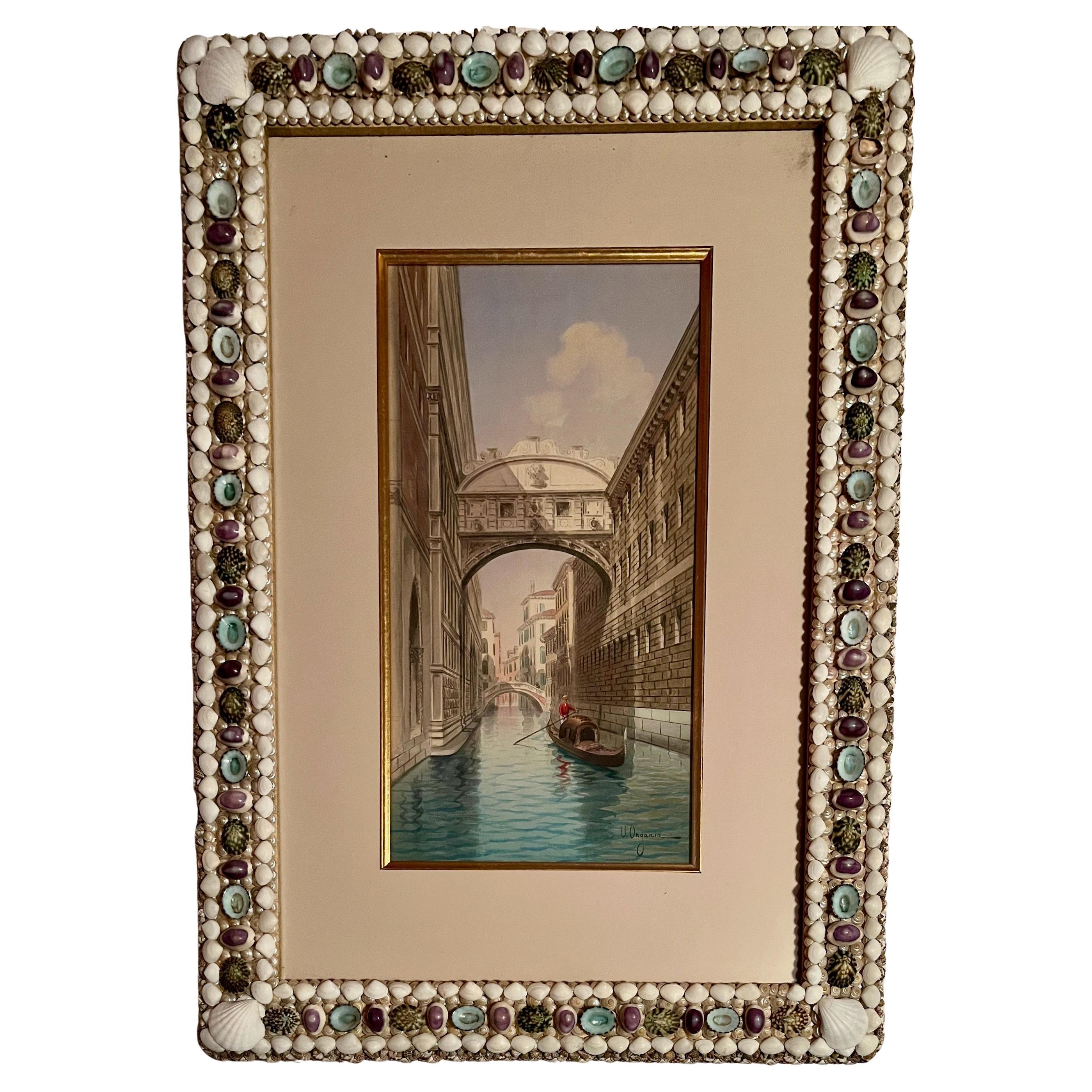 Aquarell Seufzerbrücke Venedig, 19. Jh. in schön verziertem Muschelrahmen