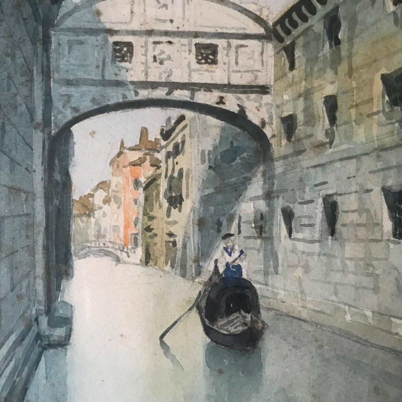 Nettes kleines Aquarell, das die Stadt Venedig in Italien darstellt. Wir sehen einen Gondoliere auf dem Kanal Rio de la Canonica, der sich zwischen dem Palazzo Ducale und dem Gefängnis befindet. Diese beiden Gebäude sind durch die berühmte
