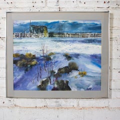 Watercolor Winter Farm Landscape Signed by G. Russell Case 1985 Framed