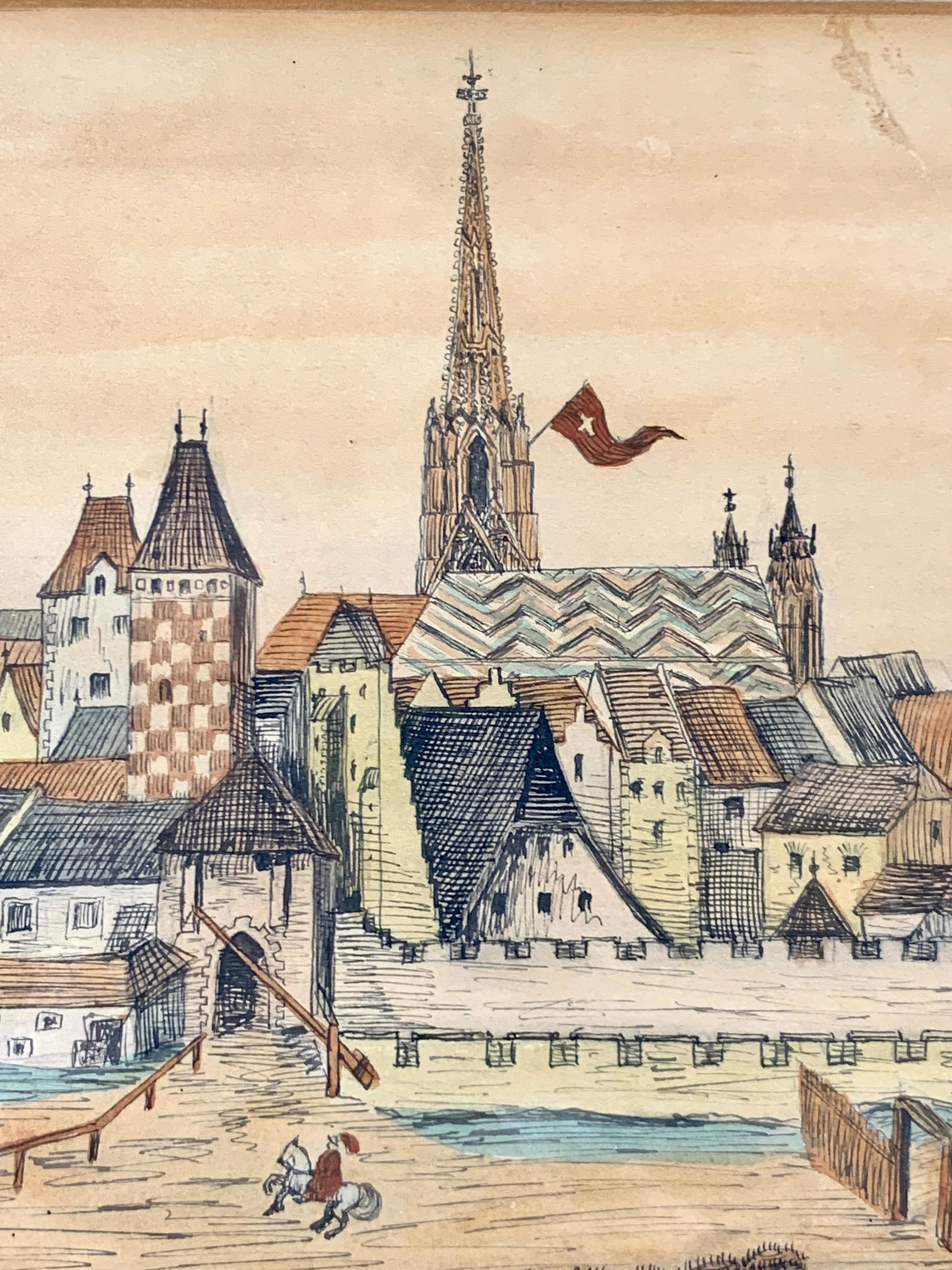 This 19th century watercolor with pen and ink is most likely Dutch, having been acquired in Holland. It shows a romantic scene of an attractive walled city with buildings and rooftops beyond a fortified wall with an open gate. Outside the wall, a