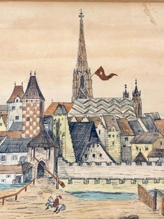 Watercolor with Pen and Ink Showing A Riverside View of a Walled Medieval City