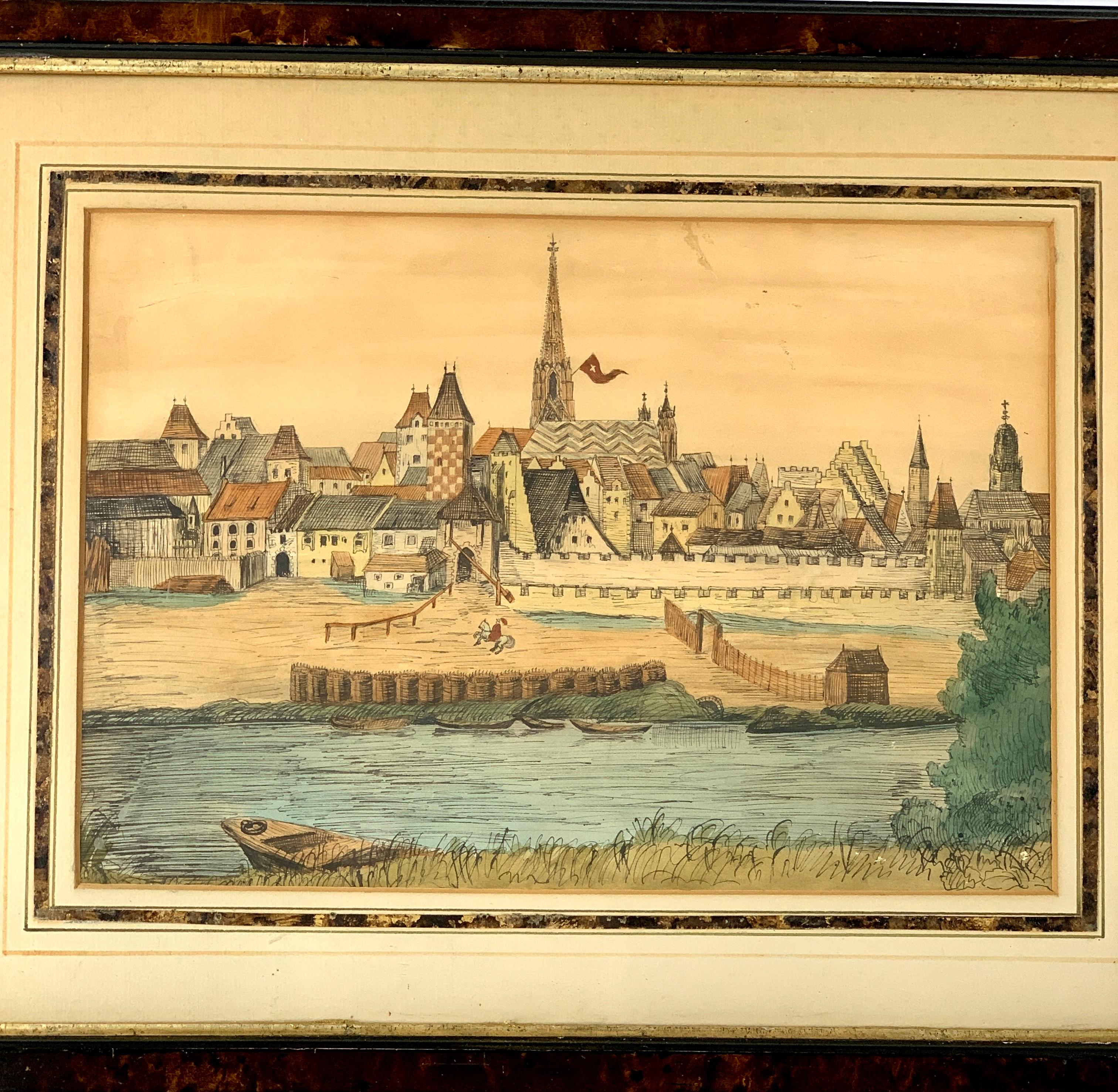Romantic Watercolor with Pen and Ink Showing A Riverside View of a Walled Medieval City For Sale