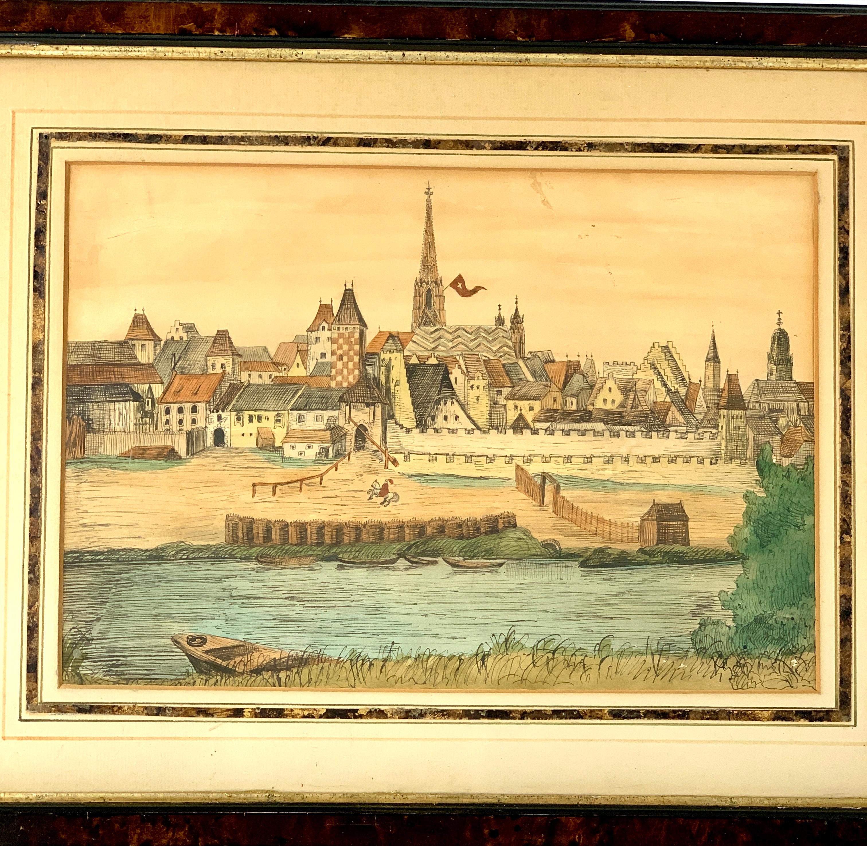 Watercolor with Pen and Ink Showing A Riverside View of a Walled Medieval City In Good Condition For Sale In Katonah, NY