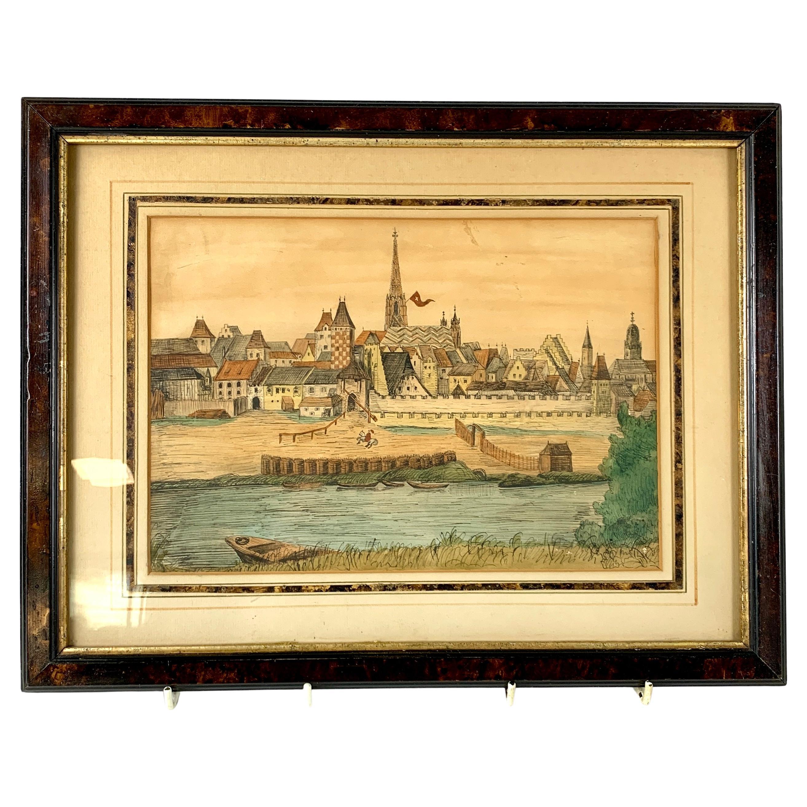 Aquarell mit Feder und Tinte, das eine Flussansicht einer ummauerten mittelalterlichen Stadt zeigt