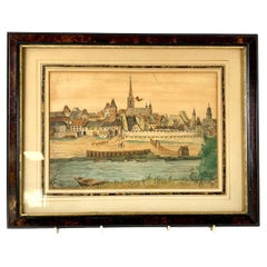 Aquarelle avec stylo et encre montrant une vue de bord de fleuve d'une ville médiévale murale